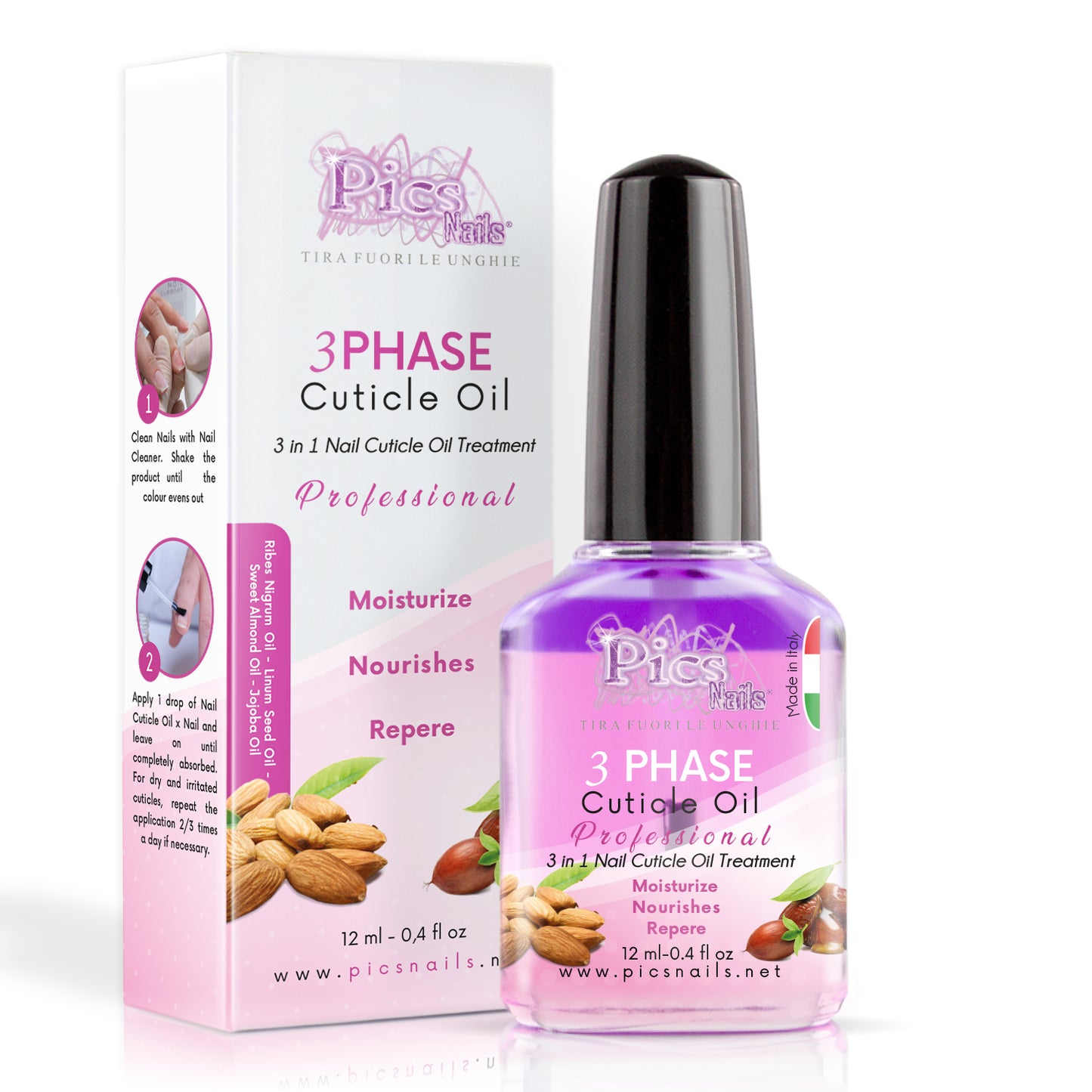 Olio Cuticole Unghie Trifasico 12ml - Profumo Piacevole - Con Olio di Ribes Nero, Mandorle, Jojoba e Semi di Lino - Rigenera, Nutre e Idrata le Cuticole Secche e Irritate