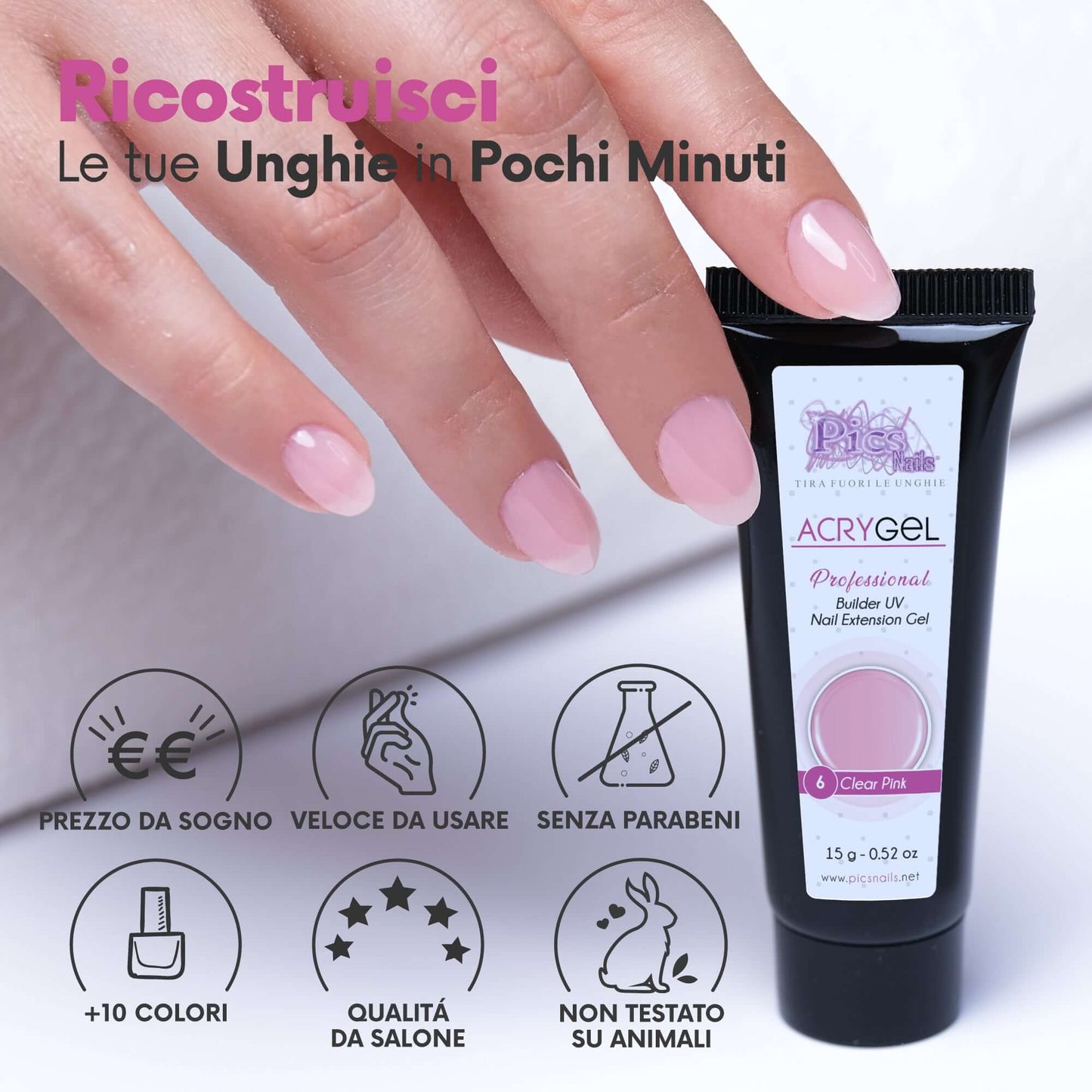 Acrygel Clear Pink 6 - Gel Acrilico per Unghie 15g