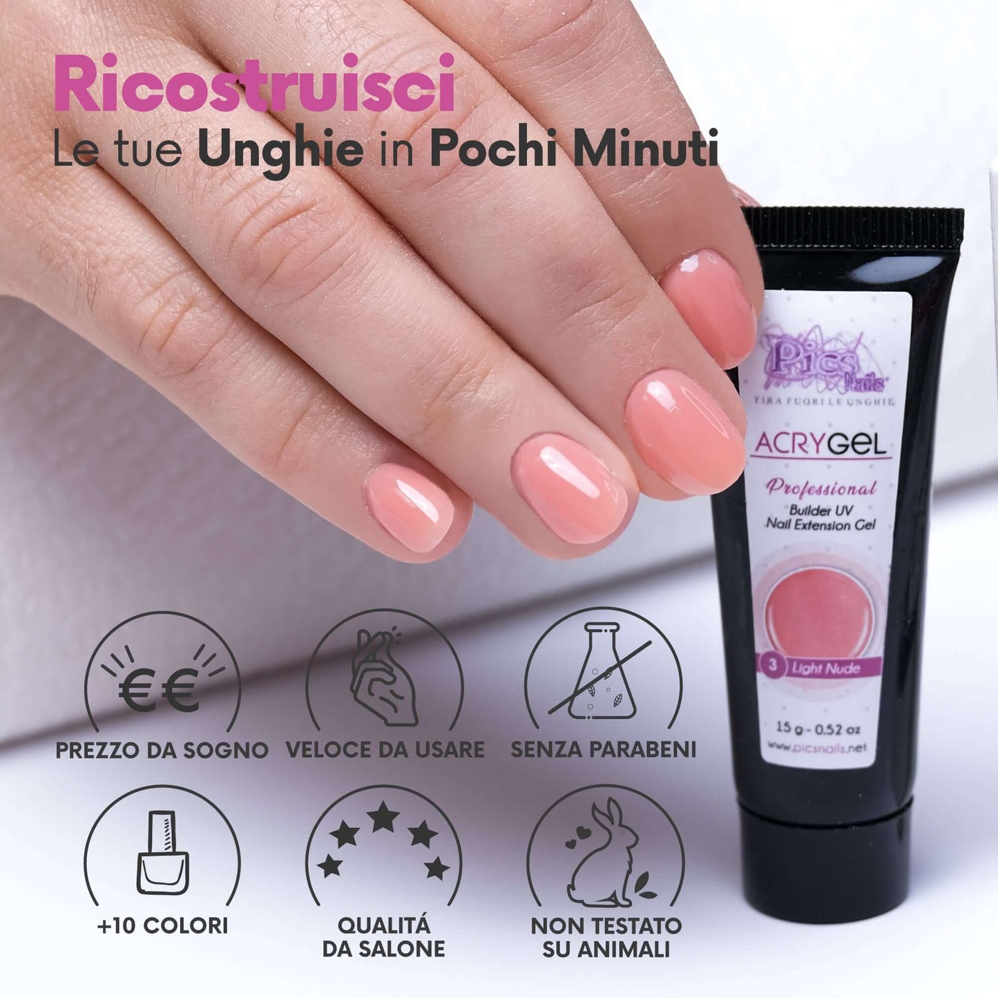 Acrygel Light Nude 3 - Gel Acrilico per Unghie 15 gr