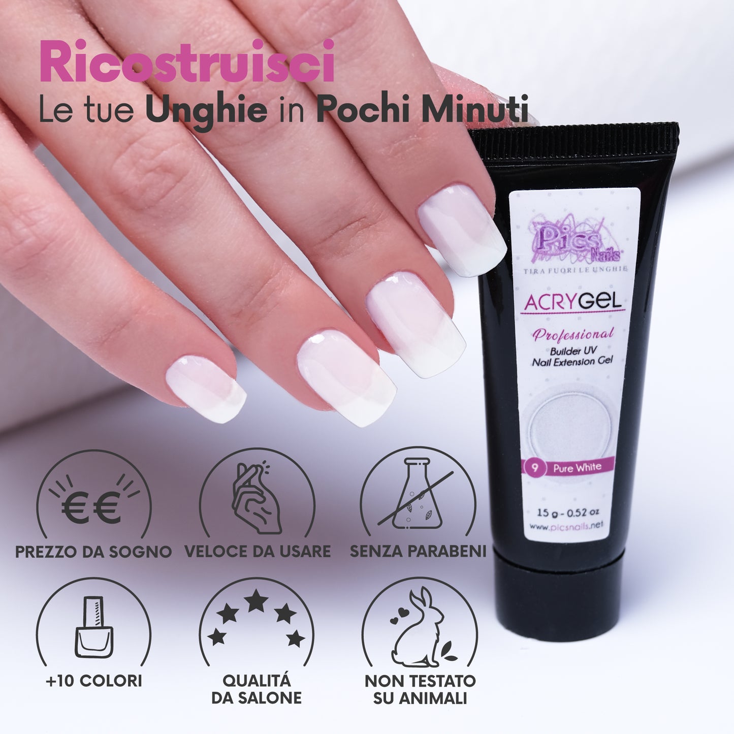 Acrygel Pure White 9 - Gel Acrilico per Unghie 15g