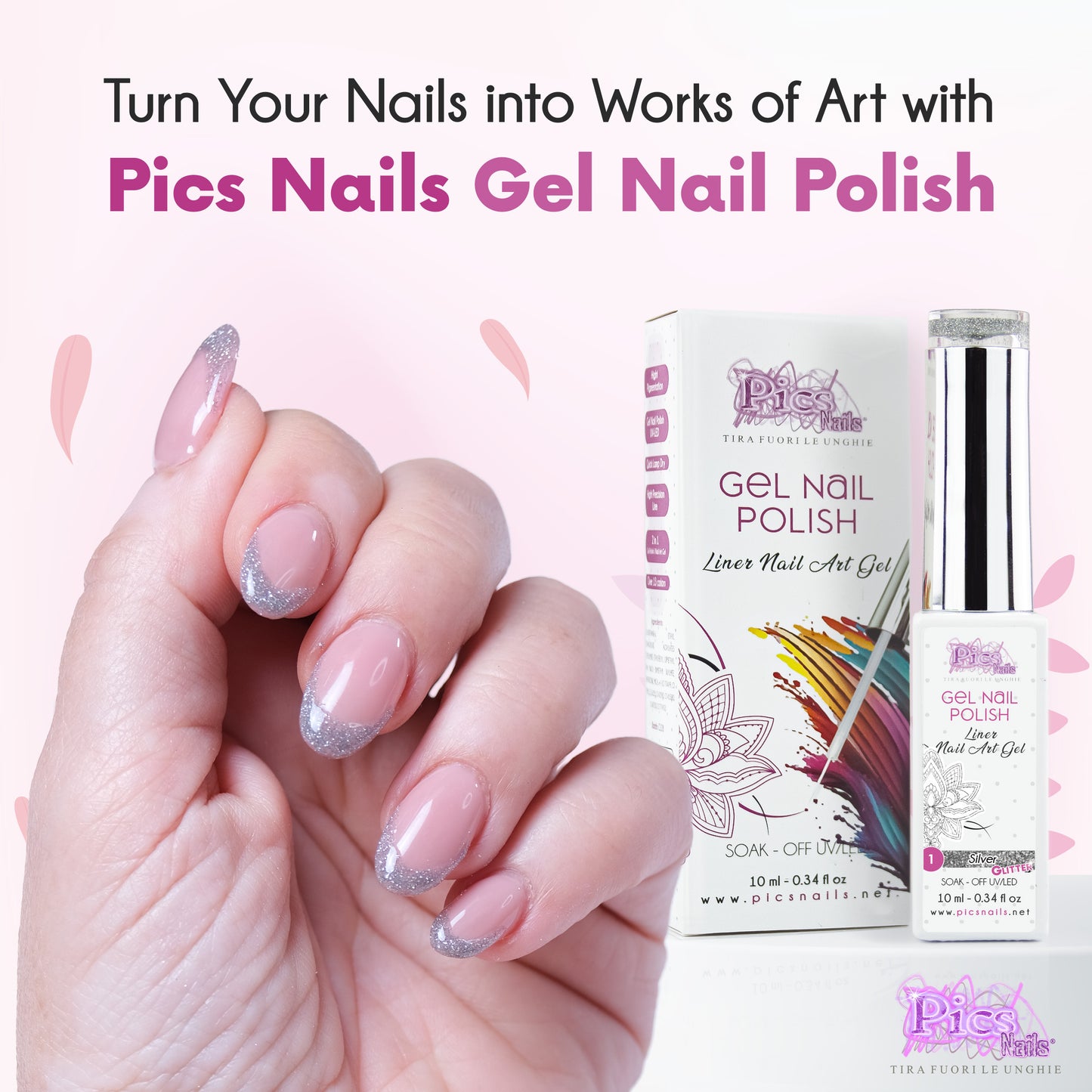 Smalto Nail Art Semipermanente Liner Gel per Unghie UV/LED 10 ml - Argento Glitter 1