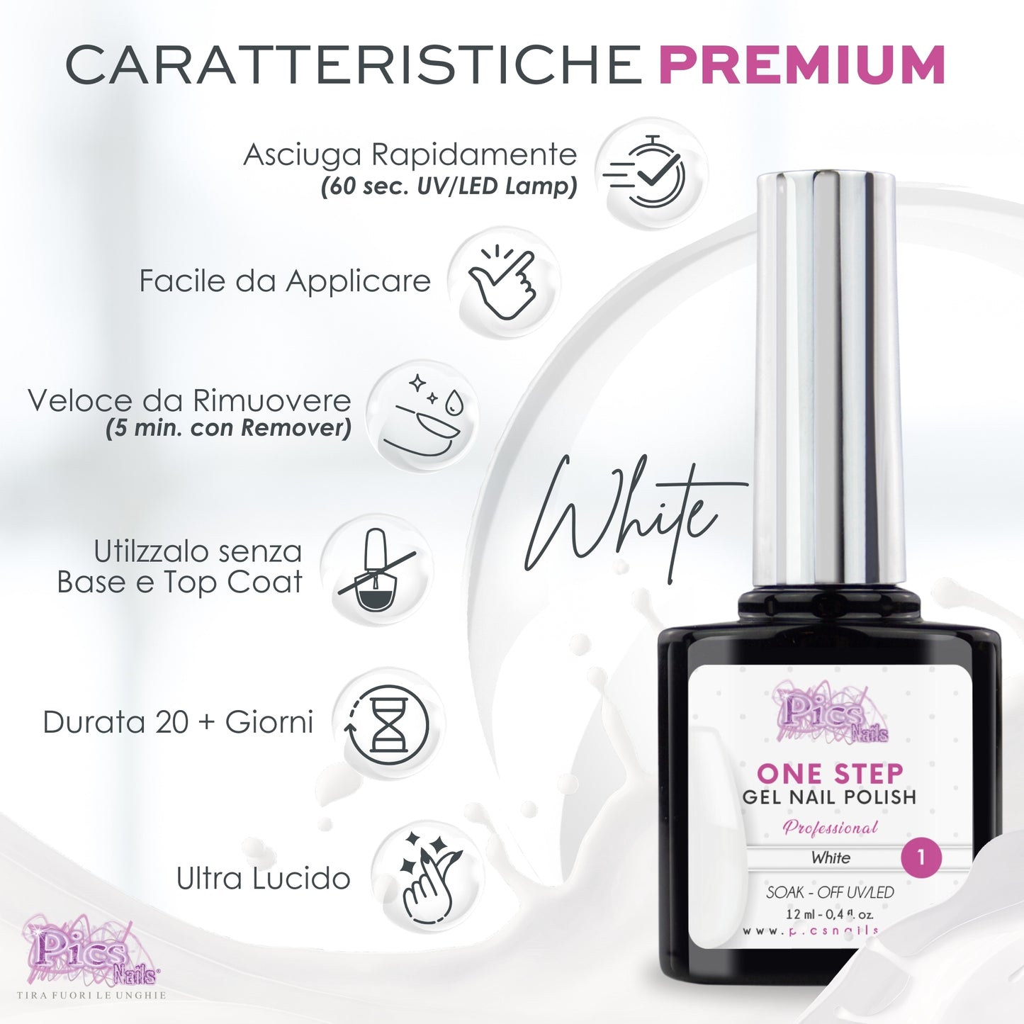 Smalto Semipermanente One Step Bianco 1 - 12 ml | Semipermanente 3in1 UV/LED Ultra Lucido