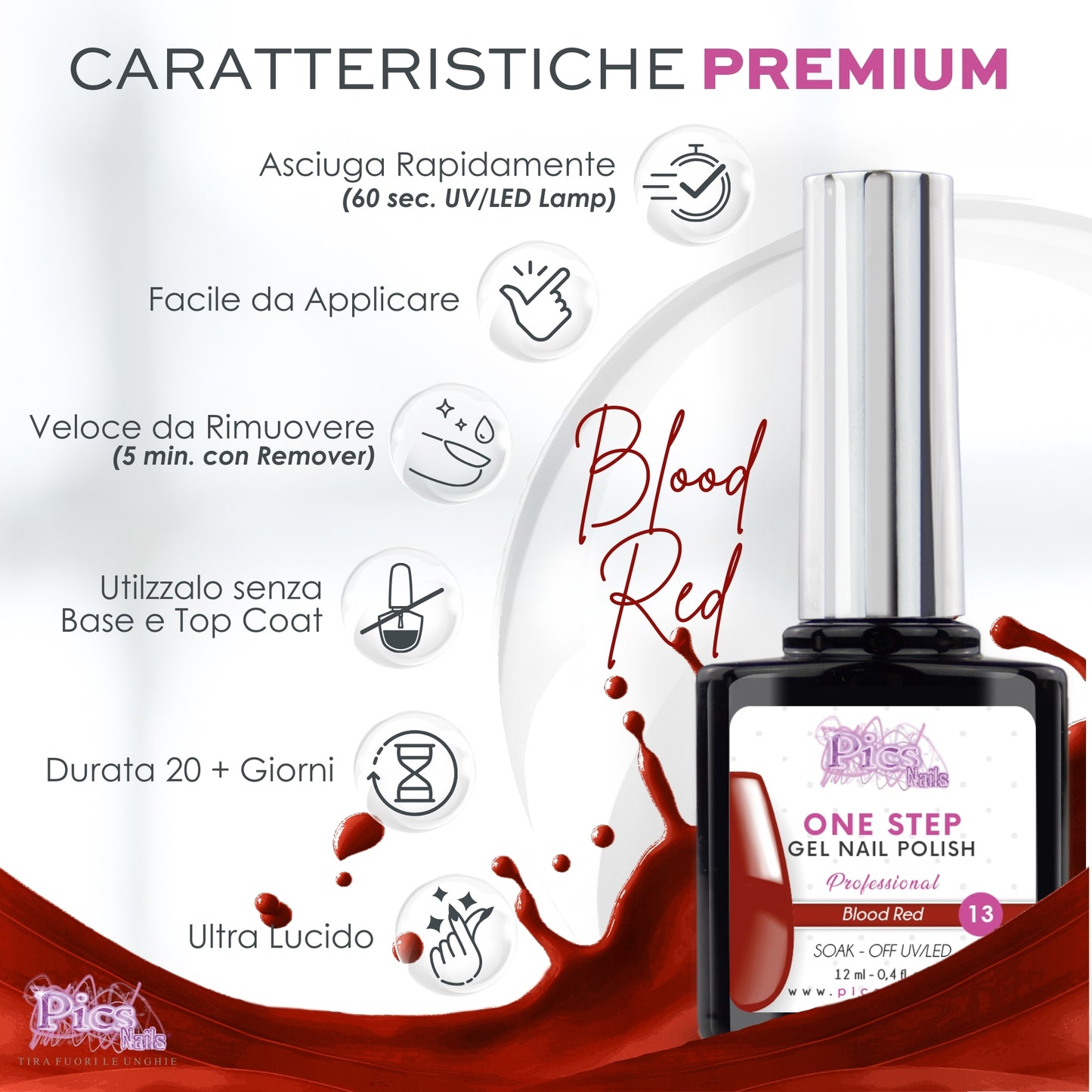 Smalto Semipermanente One Step Blood Red 13 - 12 ml | Semipermanente 3in1 UV/LED Ultra Lucido