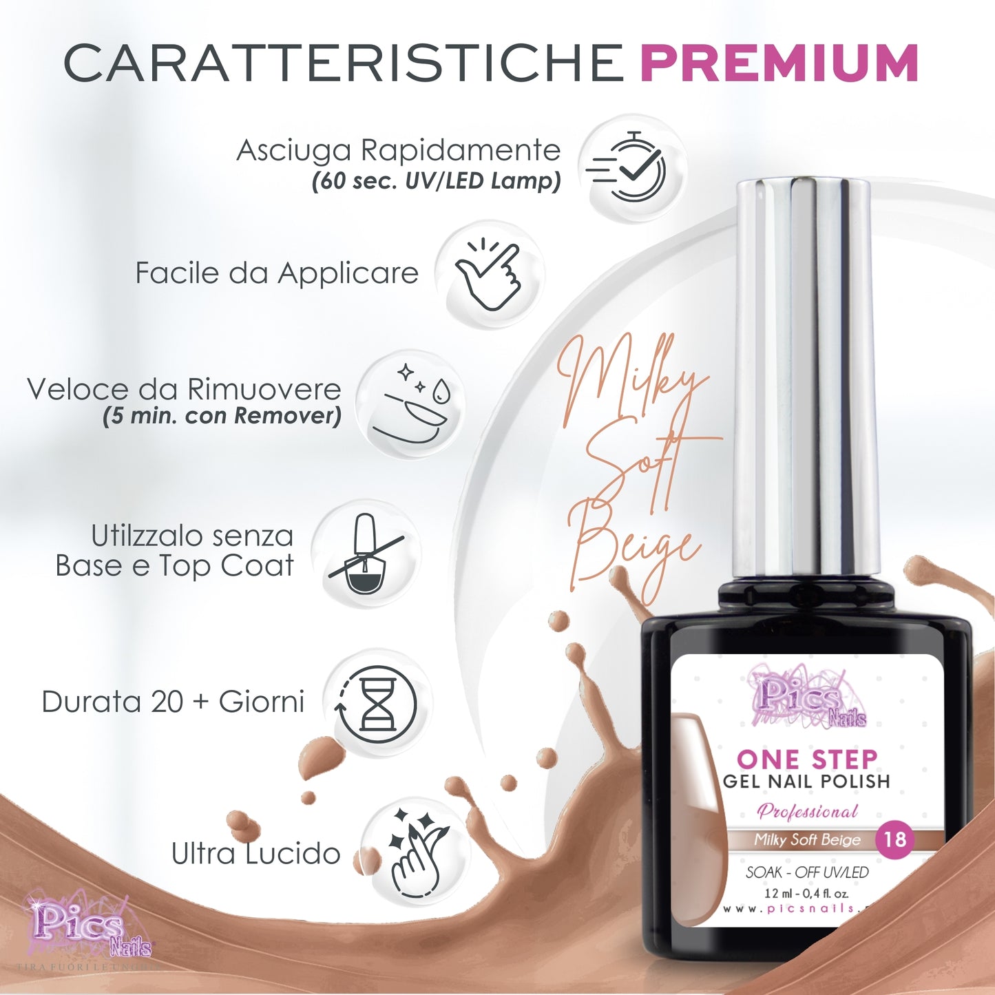 Smalto Semipermanente One Step Milky Soft Beige 18 - 12 ml | Semipermanente 3in1 UV/LED Ultra Lucido