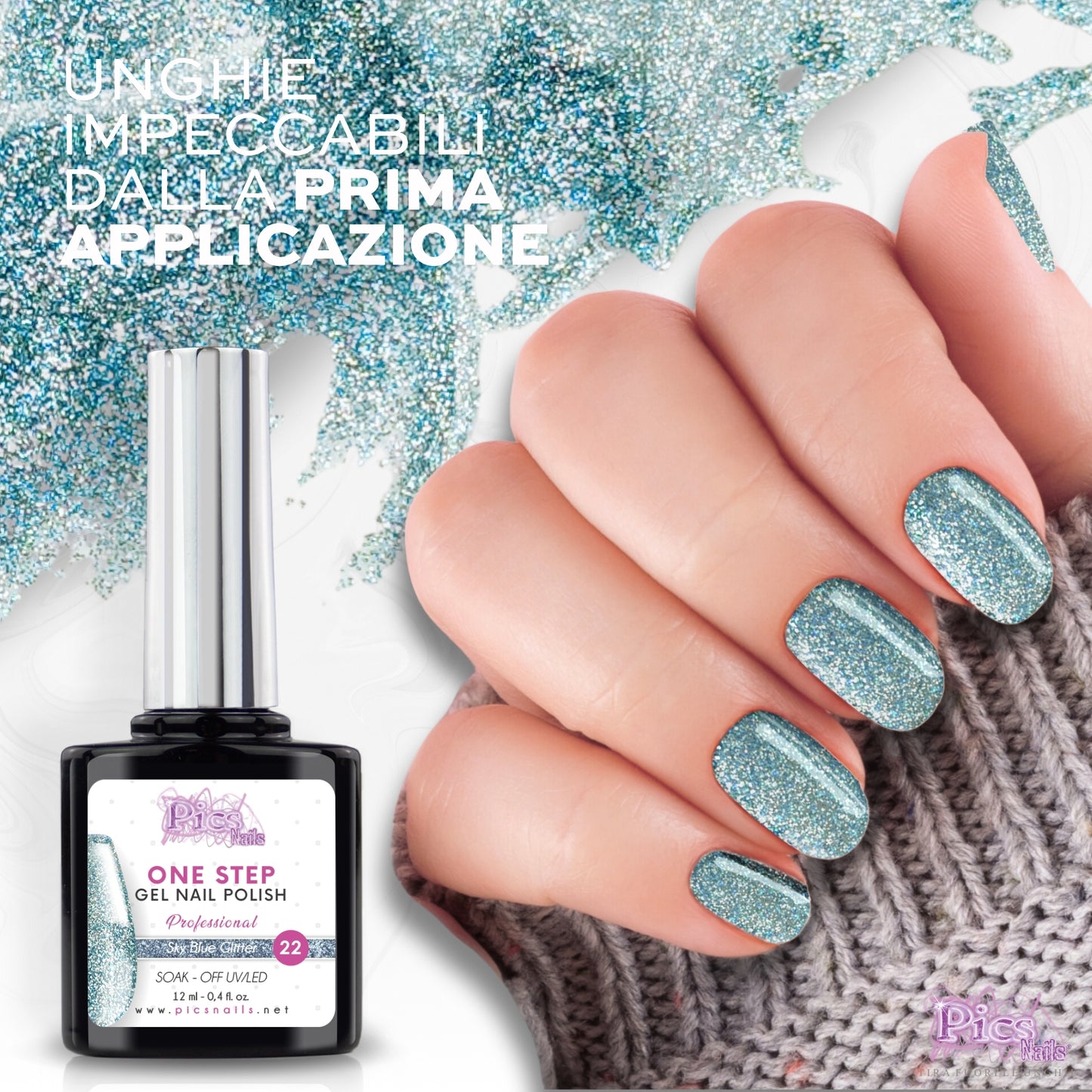 Smalto Semipermanente One Blu Sky Glitter 22 - 12 ml | Semipermanente 3in1 UV/LED Ultra Lucido