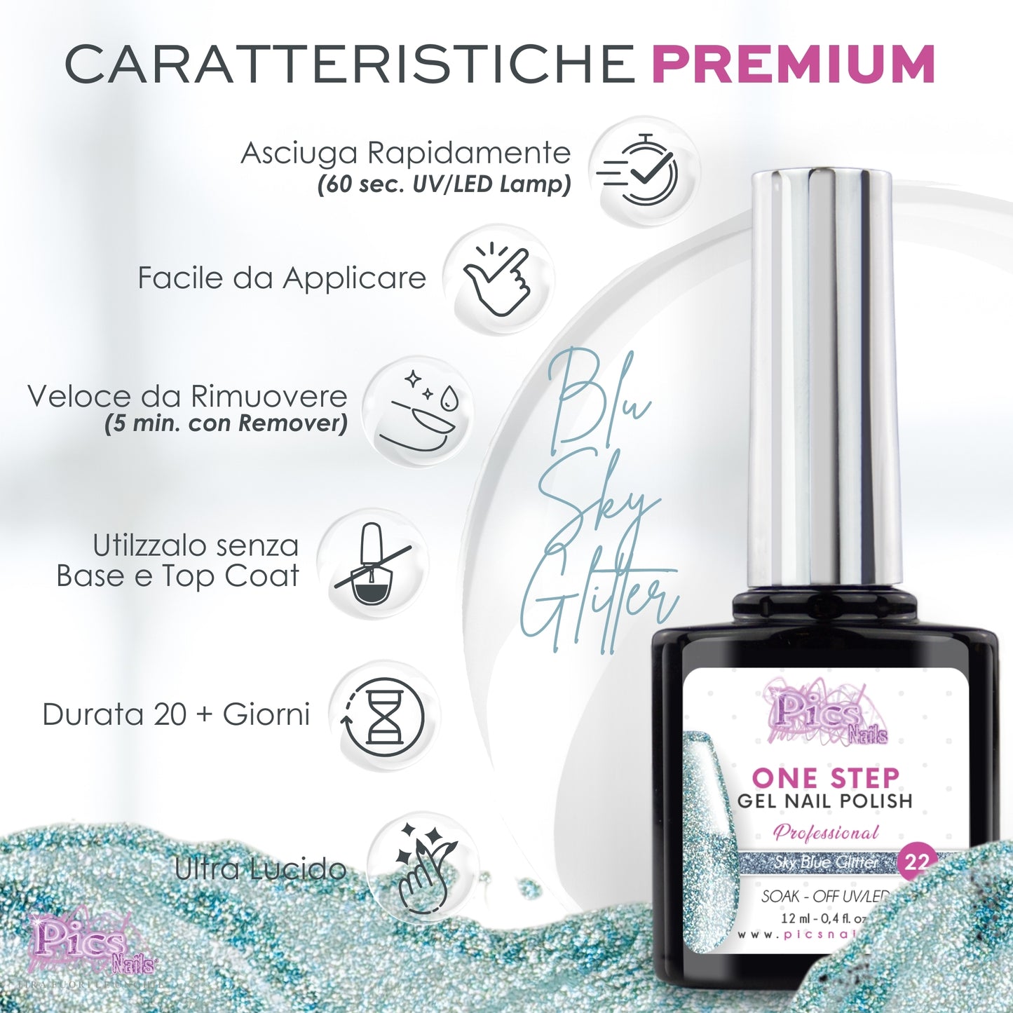 Smalto Semipermanente One Blu Sky Glitter 22 - 12 ml | Semipermanente 3in1 UV/LED Ultra Lucido