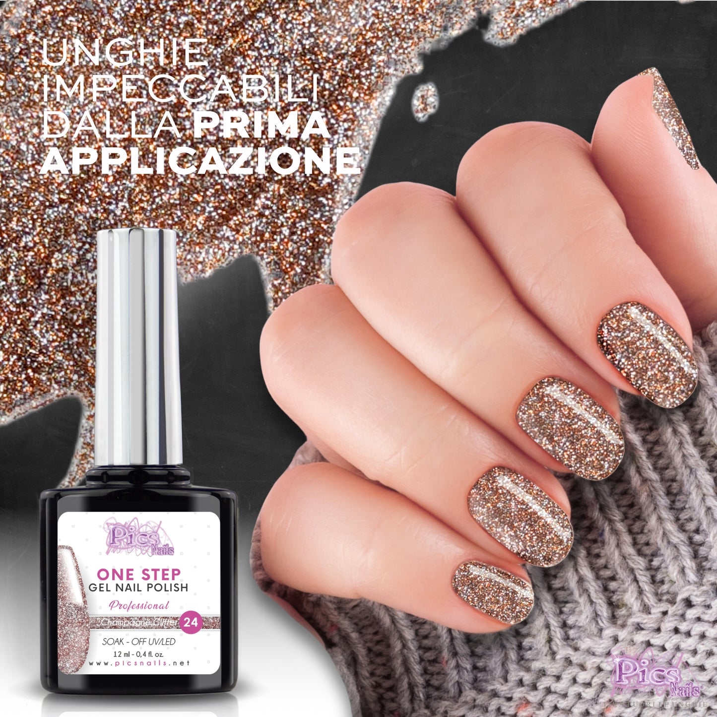 Smalto Semipermanente One Champagne Glitter 24 - 12 ml | Semipermanente 3in1 UV/LED Ultra Lucido