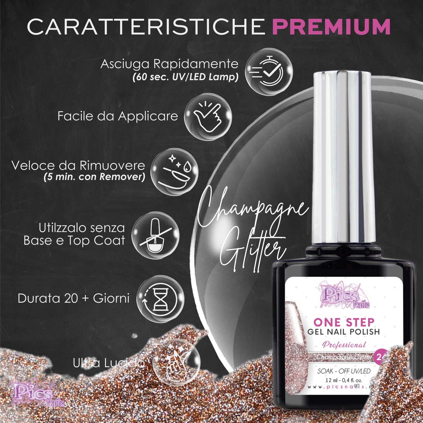 Smalto Semipermanente One Champagne Glitter 24 - 12 ml | Semipermanente 3in1 UV/LED Ultra Lucido