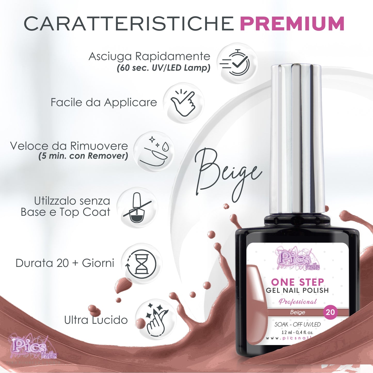 Smalto Semipermanente One Step Beige 20 - 12 ml | Semipermanente 3in1 UV/LED Ultra Lucido