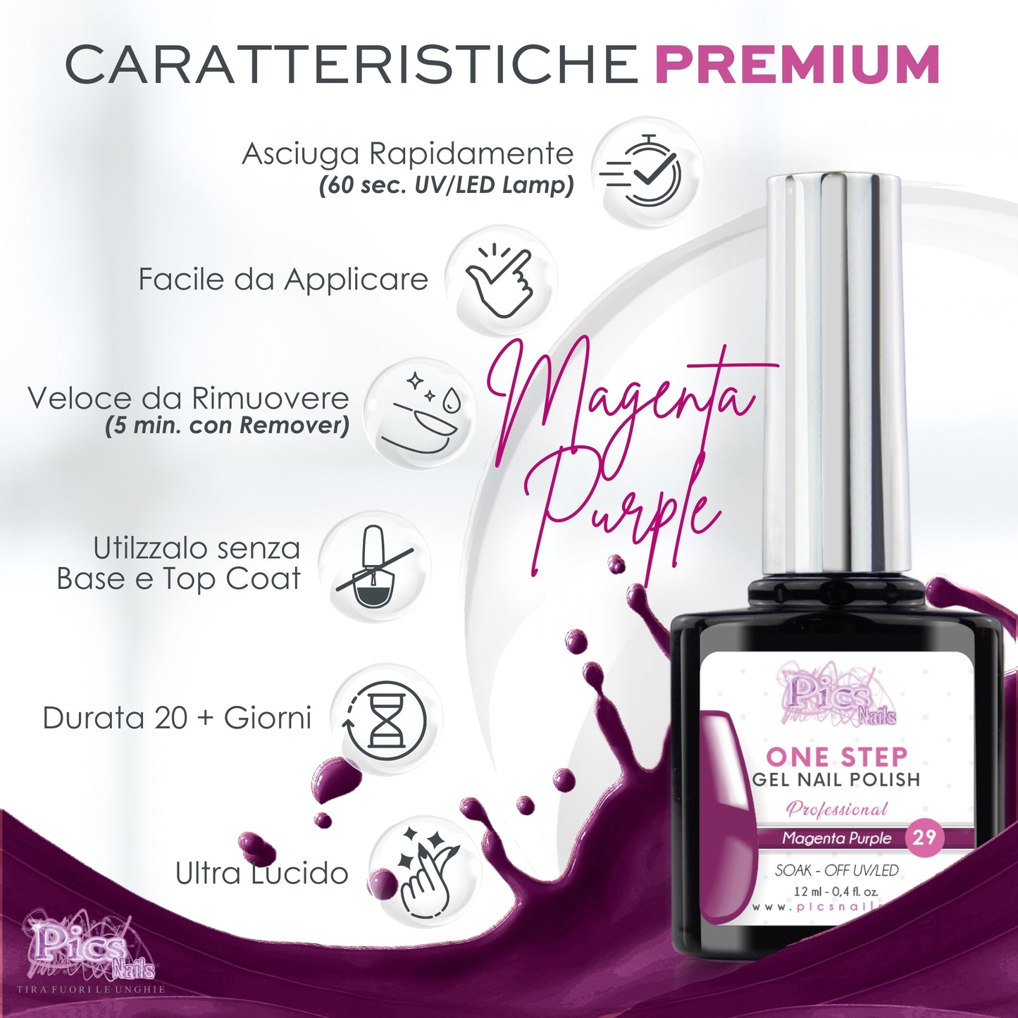 Smalto Semipermanente One Step Magenta Purple 29- 12 ml | Semipermanente 3in1 UV/LED Ultra Lucido