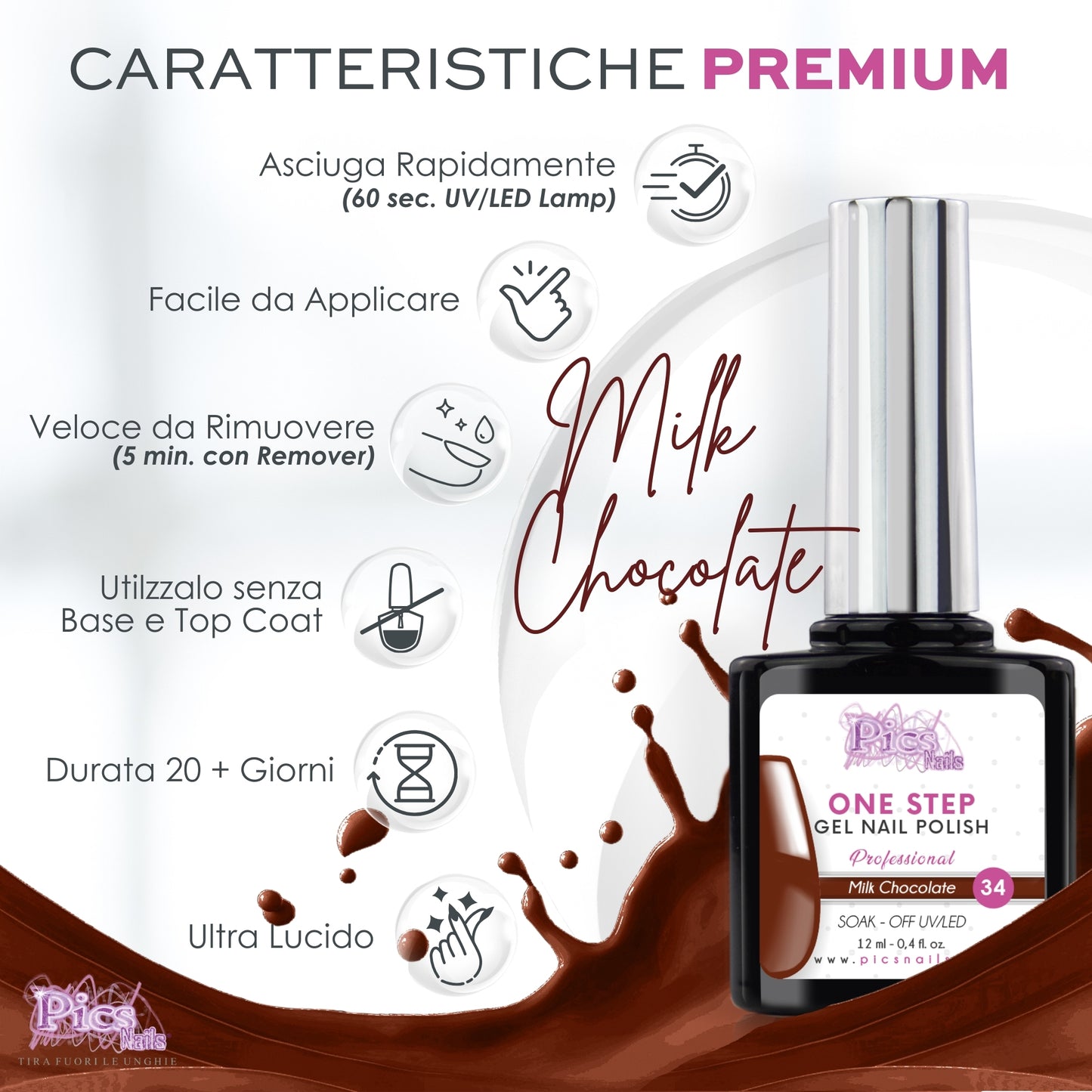 Smalto Semipermanente One Step Milk Chocolate 34 - 12 ml | Semipermanente 3in1 UV/LED Ultra Lucido