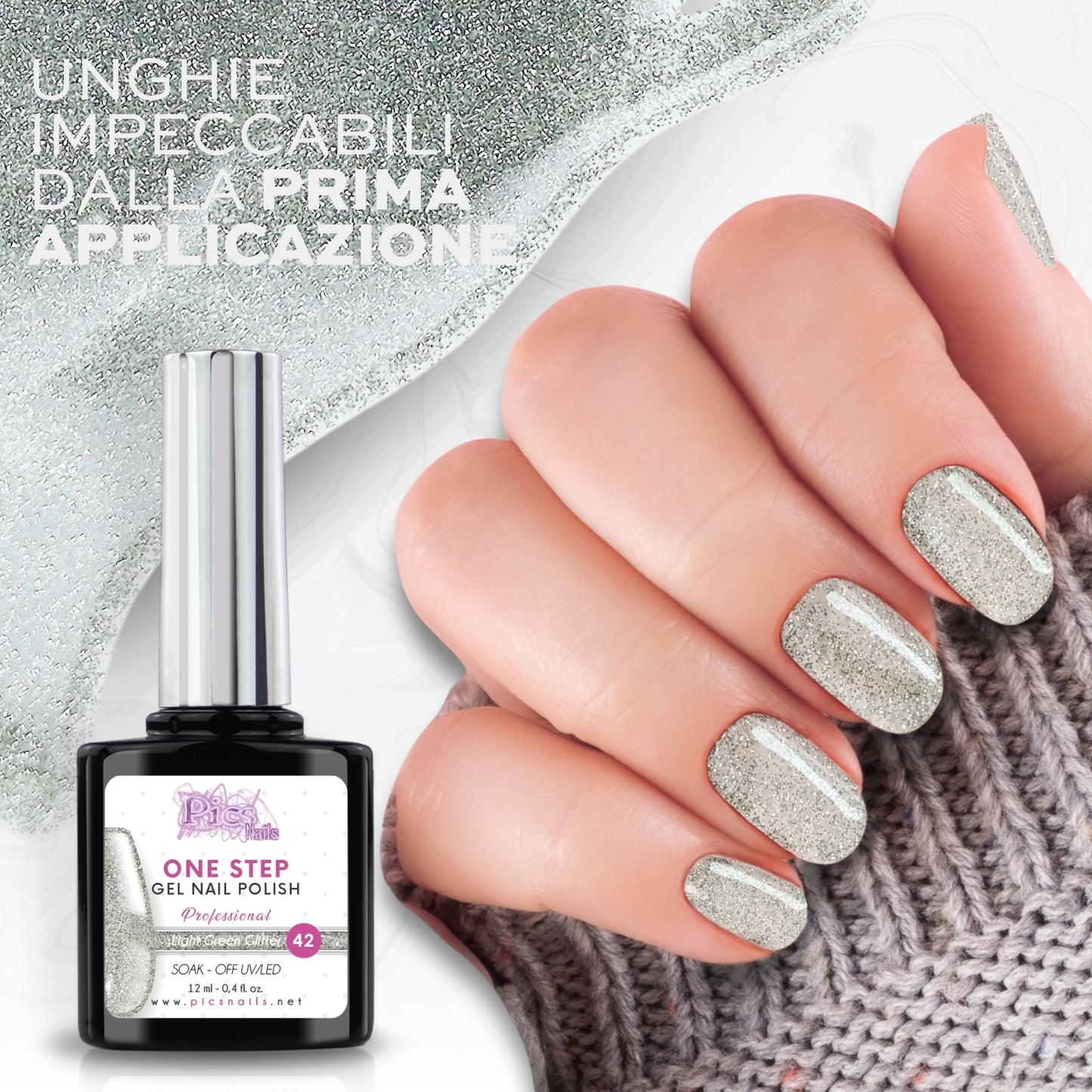 Smalto Semipermanente One Light Green Glitter 42 - 12 ml | Semipermanente 3in1 UV/LED Ultra Lucido