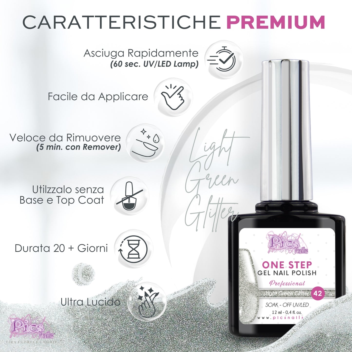 Smalto Semipermanente One Light Green Glitter 42 - 12 ml | Semipermanente 3in1 UV/LED Ultra Lucido