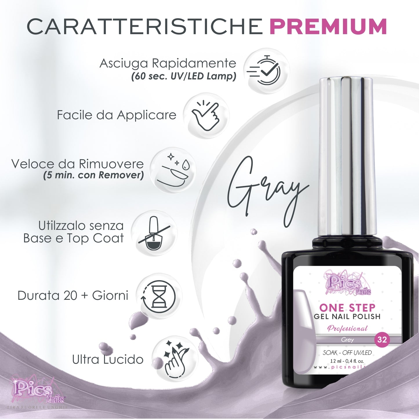 Smalto Semipermanente One Step Gray 32 - 12 ml | Semipermanente 3in1 UV/LED Ultra Lucido