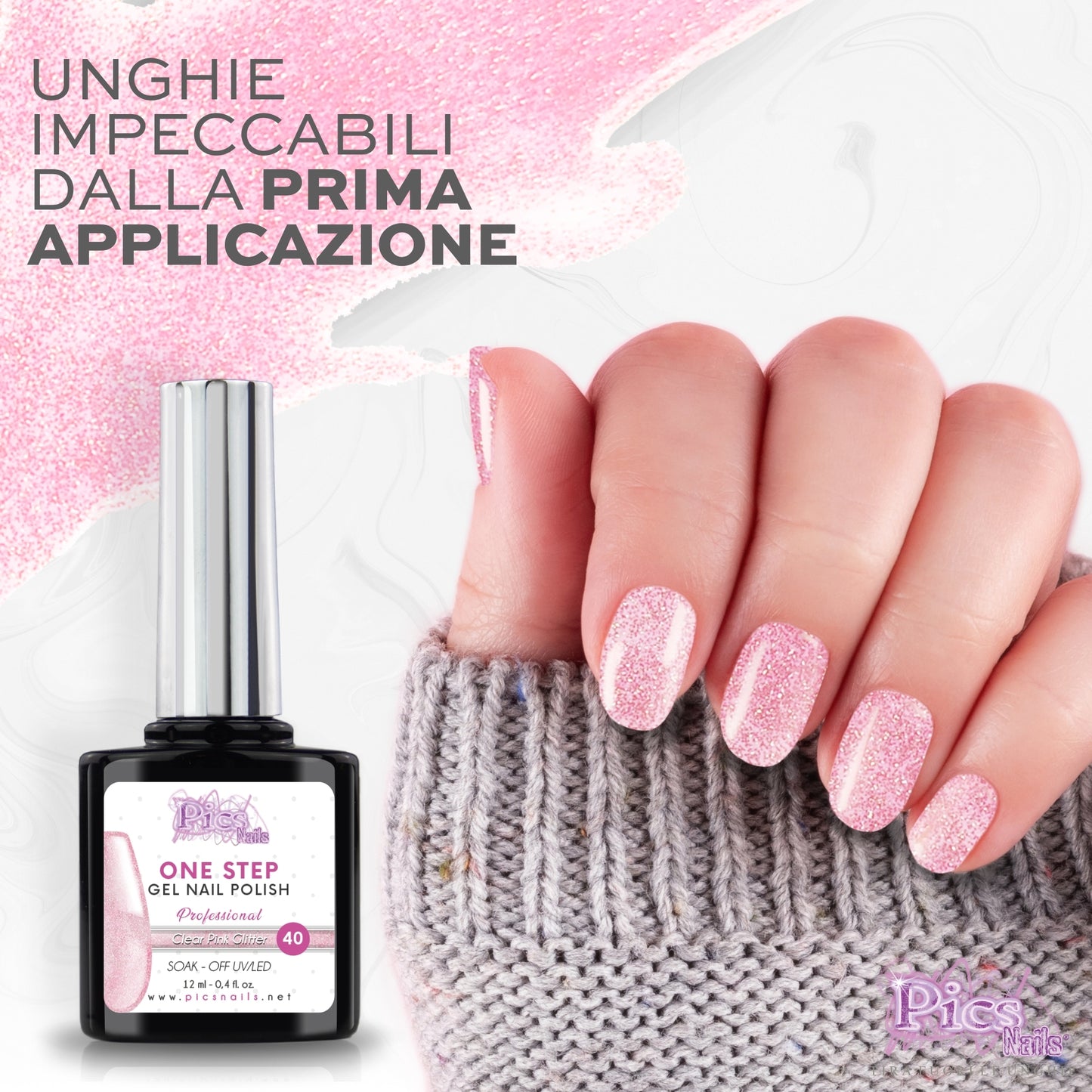 Smalto Semipermanente One Clear Pink Glitter 40 - 12 ml | Semipermanente 3in1 UV/LED Ultra Lucido