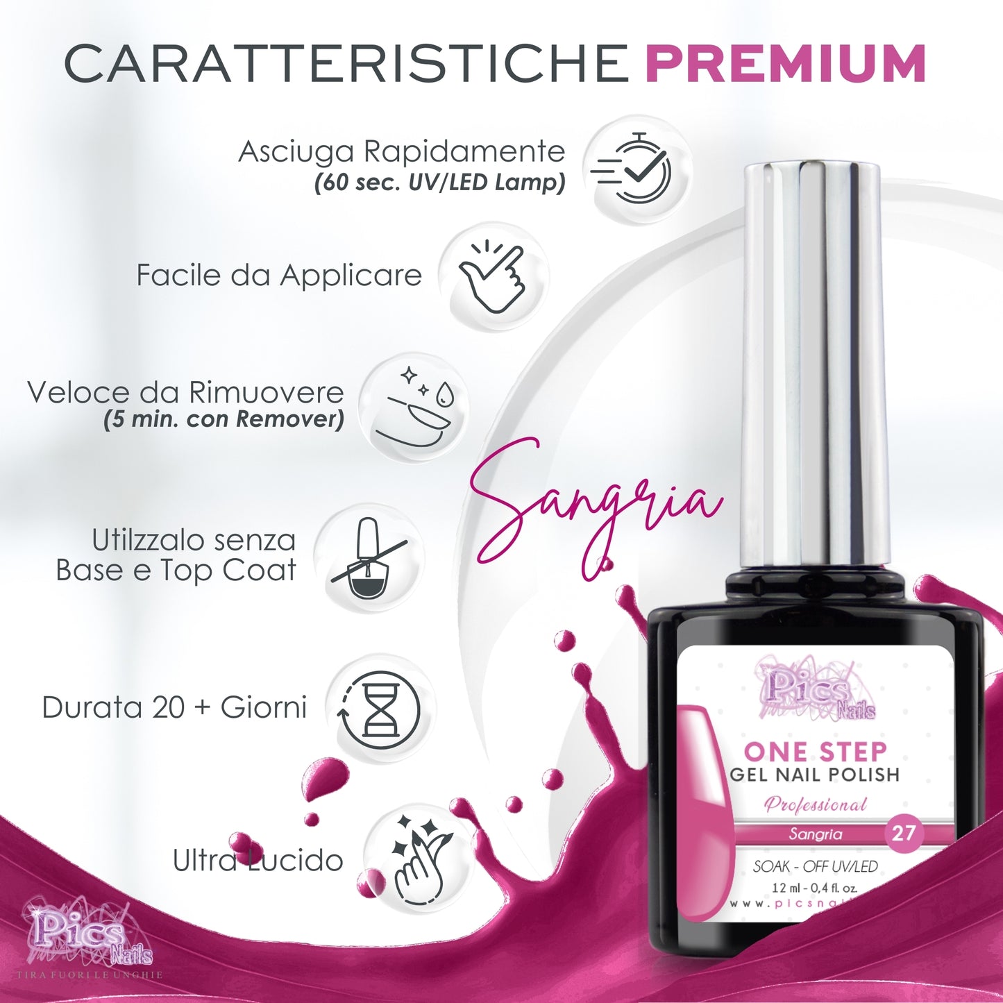 Smalto Semipermanente One Step Sangria 27 - 12 ml | Semipermanente 3in1 UV/LED Ultra Lucido
