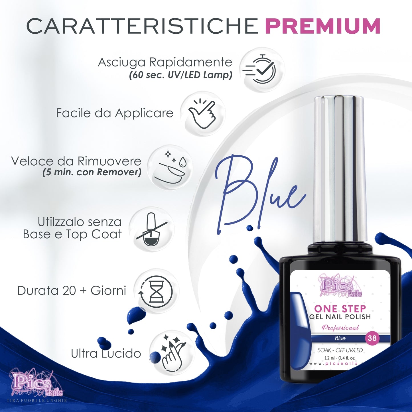 Smalto Semipermanente One Blue 38 - 12 ml | Semipermanente 3in1 UV/LED Ultra Lucido