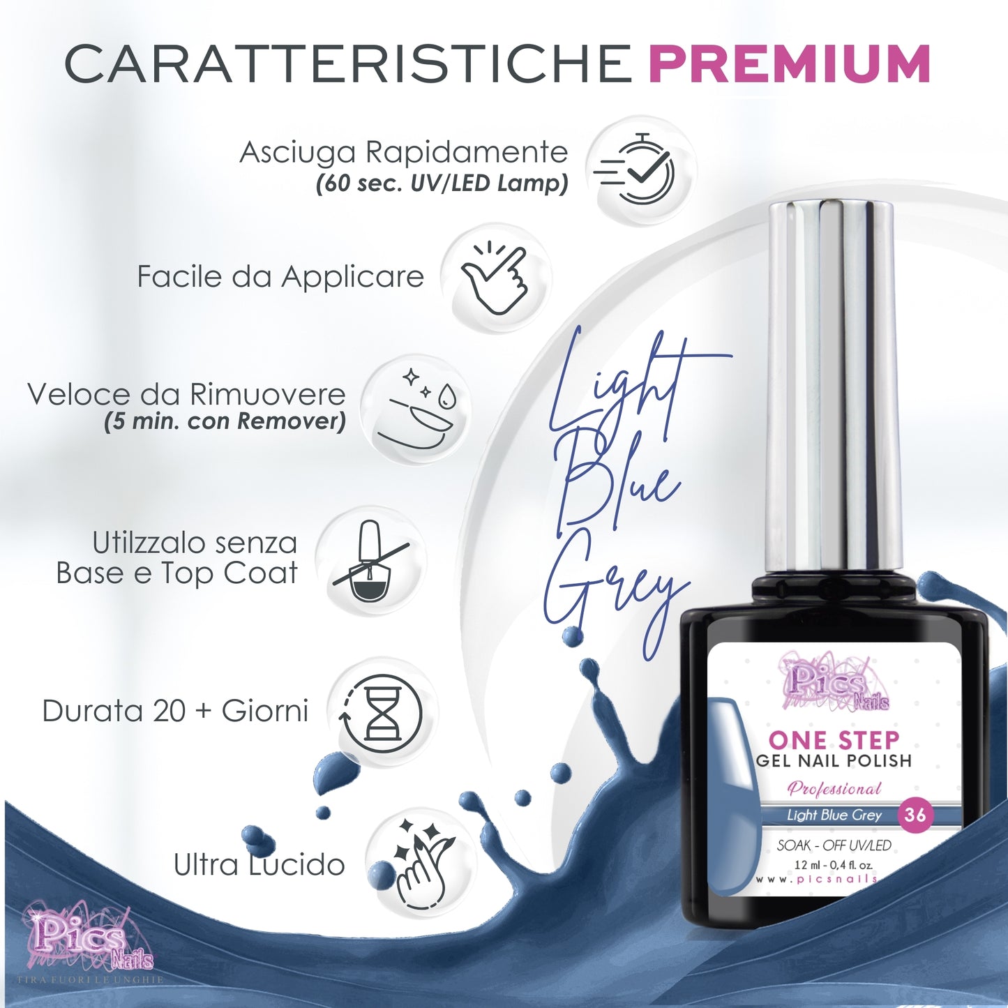 Smalto Semipermanente One Light Blue Gray 36 - 12 ml | Semipermanente 3in1 UV/LED Ultra Lucido