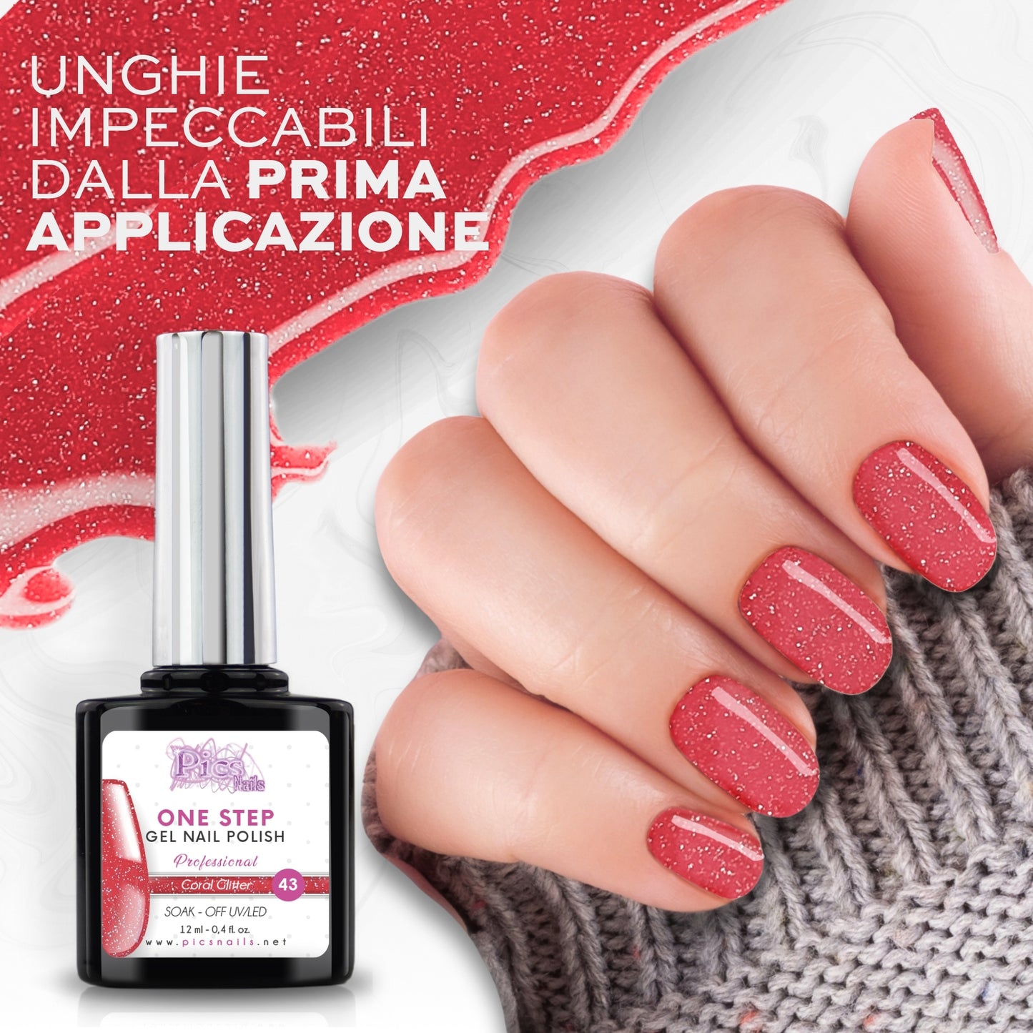 Smalto Semipermanente One Coral Glitter 43 - 12 ml | Semipermanente 3in1 UV/LED Ultra Lucido