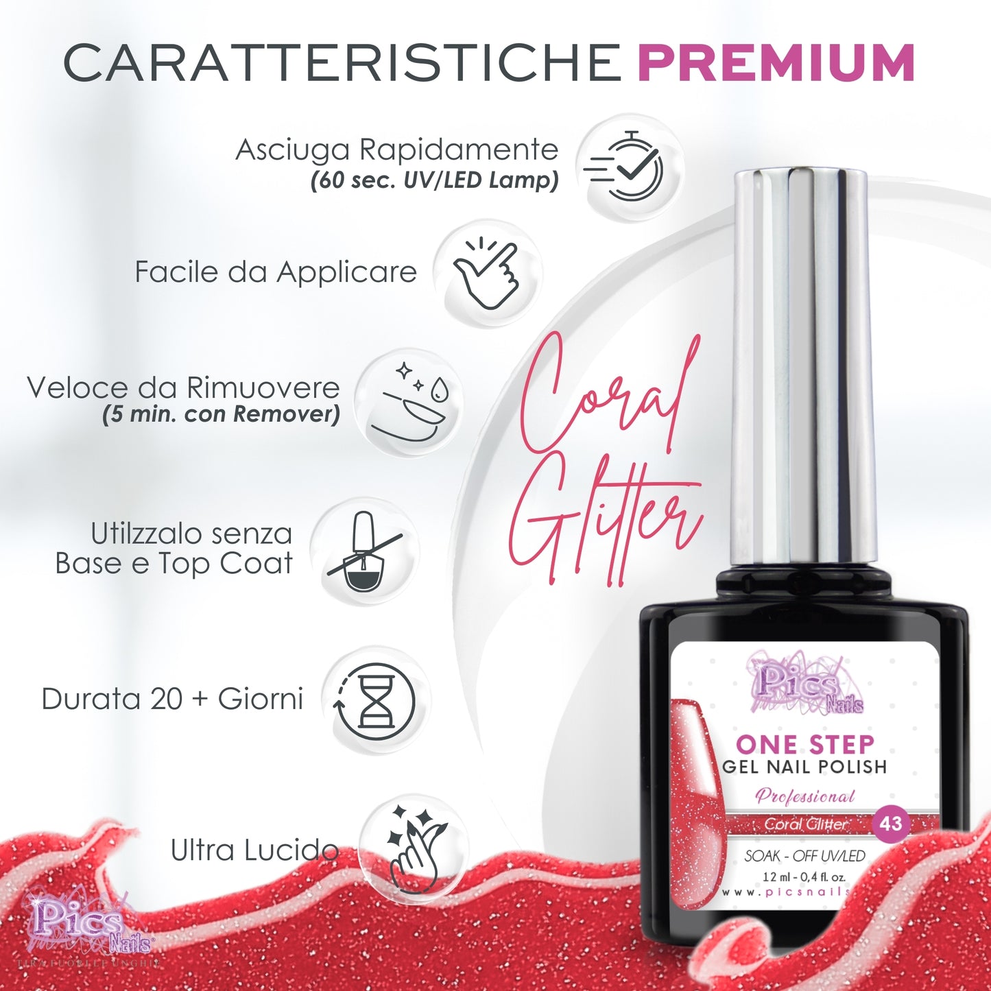 Smalto Semipermanente One Coral Glitter 43 - 12 ml | Semipermanente 3in1 UV/LED Ultra Lucido