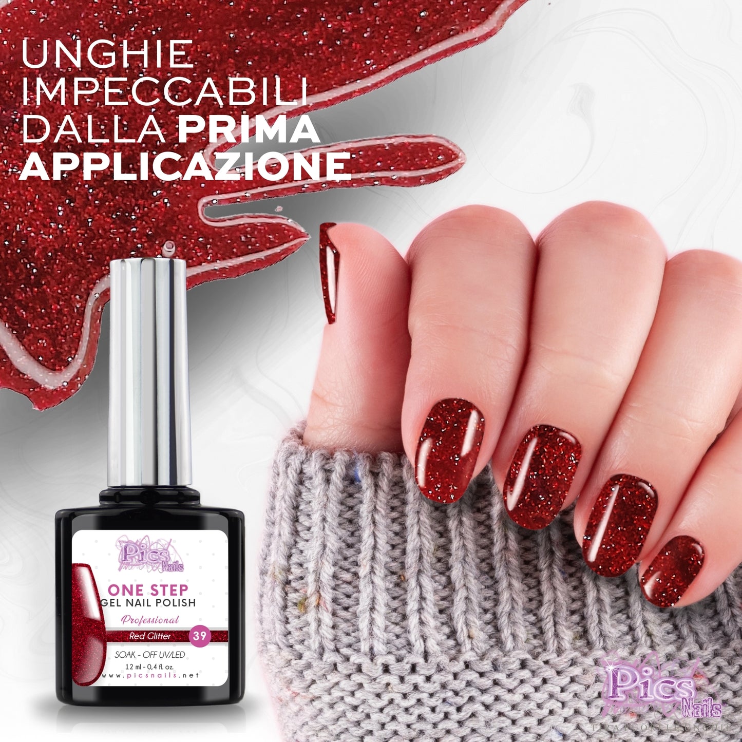 Smalto Semipermanente One Red Glitter 39 - 12 ml | Semipermanente 3in1 UV/LED Ultra Lucido