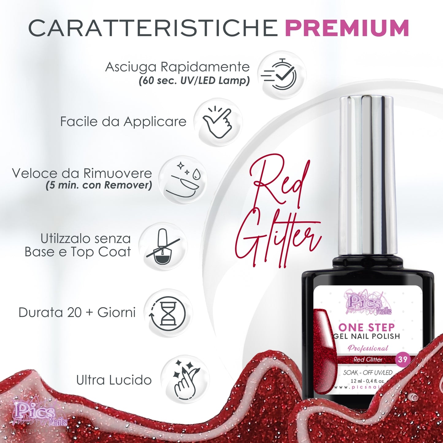 Smalto Semipermanente One Red Glitter 39 - 12 ml | Semipermanente 3in1 UV/LED Ultra Lucido