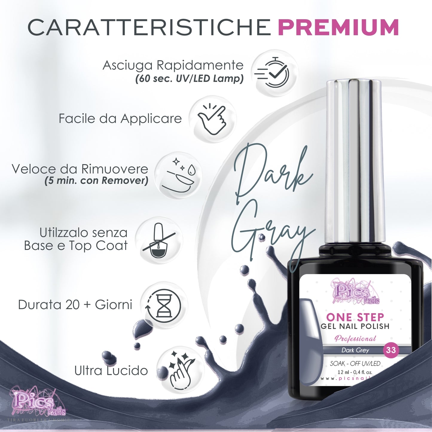 Smalto Semipermanente One Step Dark Gray 33 - 12 ml | Semipermanente 3in1 UV/LED Ultra Lucido