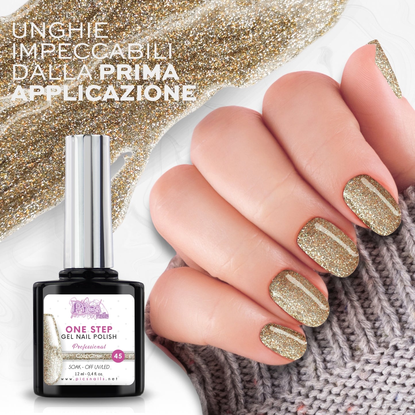 Smalto Semipermanente One Gold Glitter 45 - 12 ml | Semipermanente 3in1 UV/LED Ultra Lucido