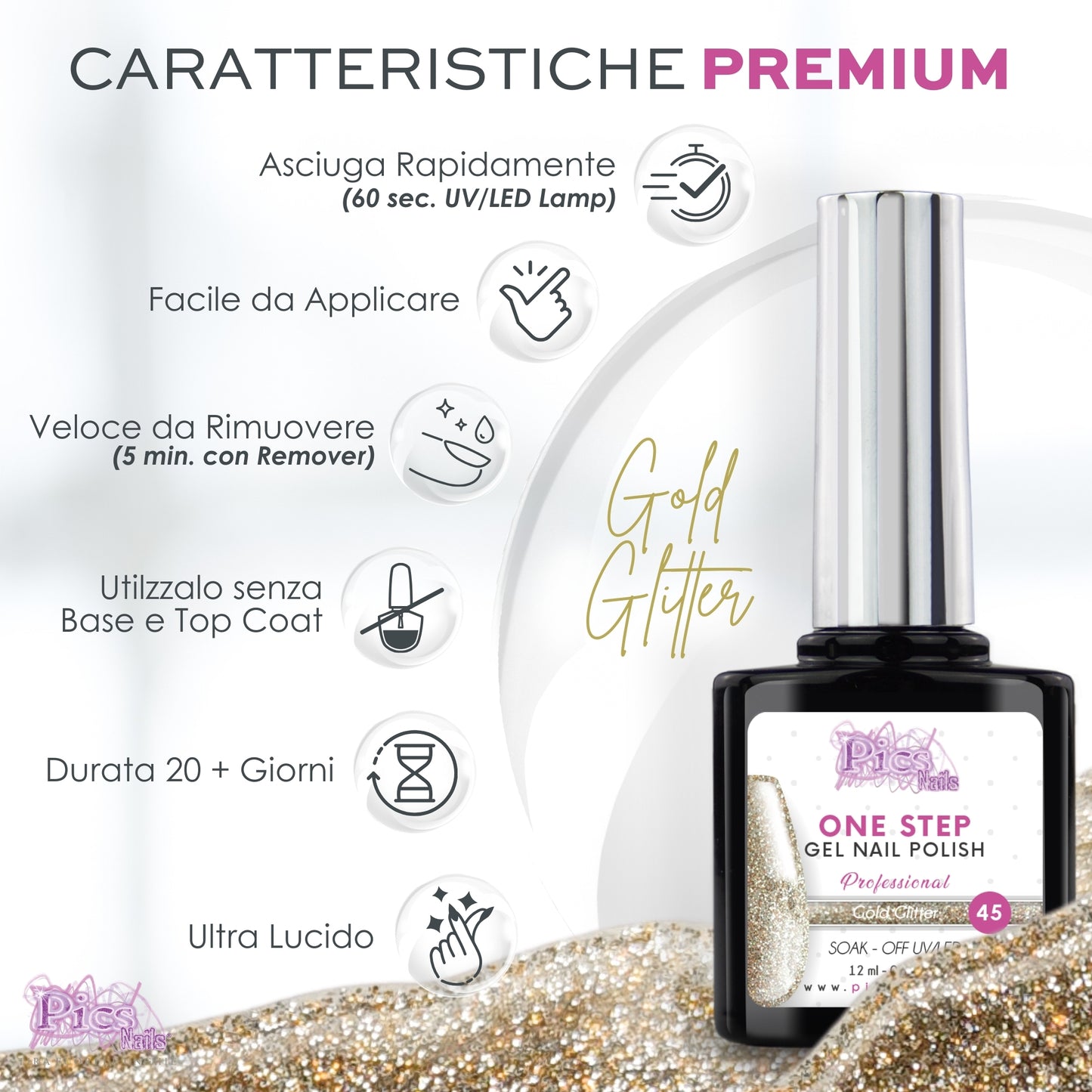 Smalto Semipermanente One Gold Glitter 45 - 12 ml | Semipermanente 3in1 UV/LED Ultra Lucido