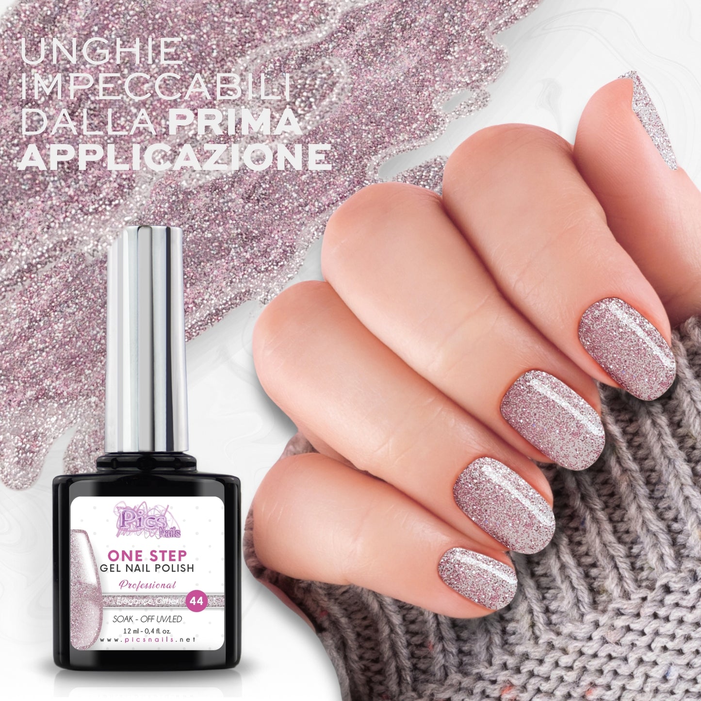 Smalto Semipermanente One Elegance Glitter 44 - 12 ml | Semipermanente 3in1 UV/LED Ultra Lucido