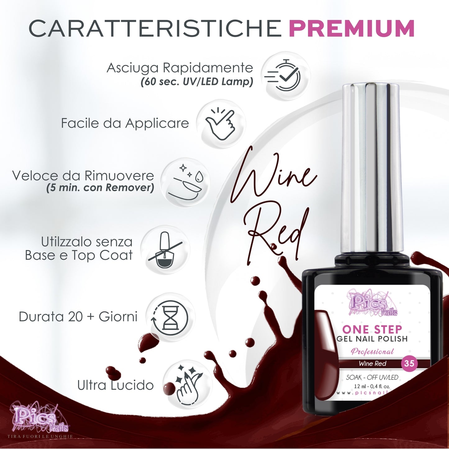 Smalto Semipermanente One Step Wine Red 35 - 12 ml | Semipermanente 3in1 UV/LED Ultra Lucido
