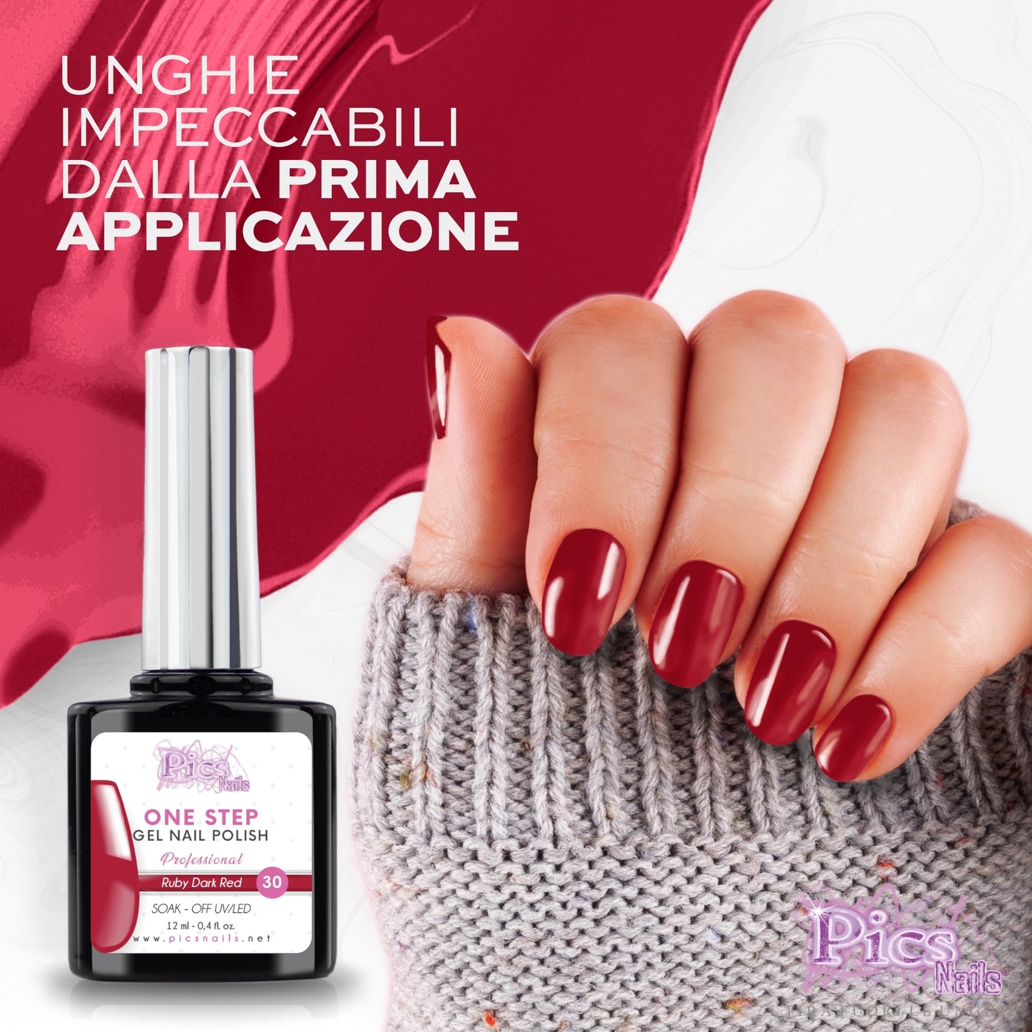 Smalto Semipermanente One Step Ruby Dark Red 30 - 12 ml | Semipermanente 3in1 UV/LED Ultra Lucido