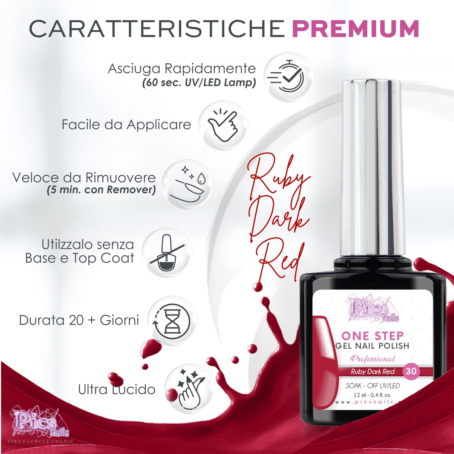 Smalto Semipermanente One Step Ruby Dark Red 30 - 12 ml | Semipermanente 3in1 UV/LED Ultra Lucido