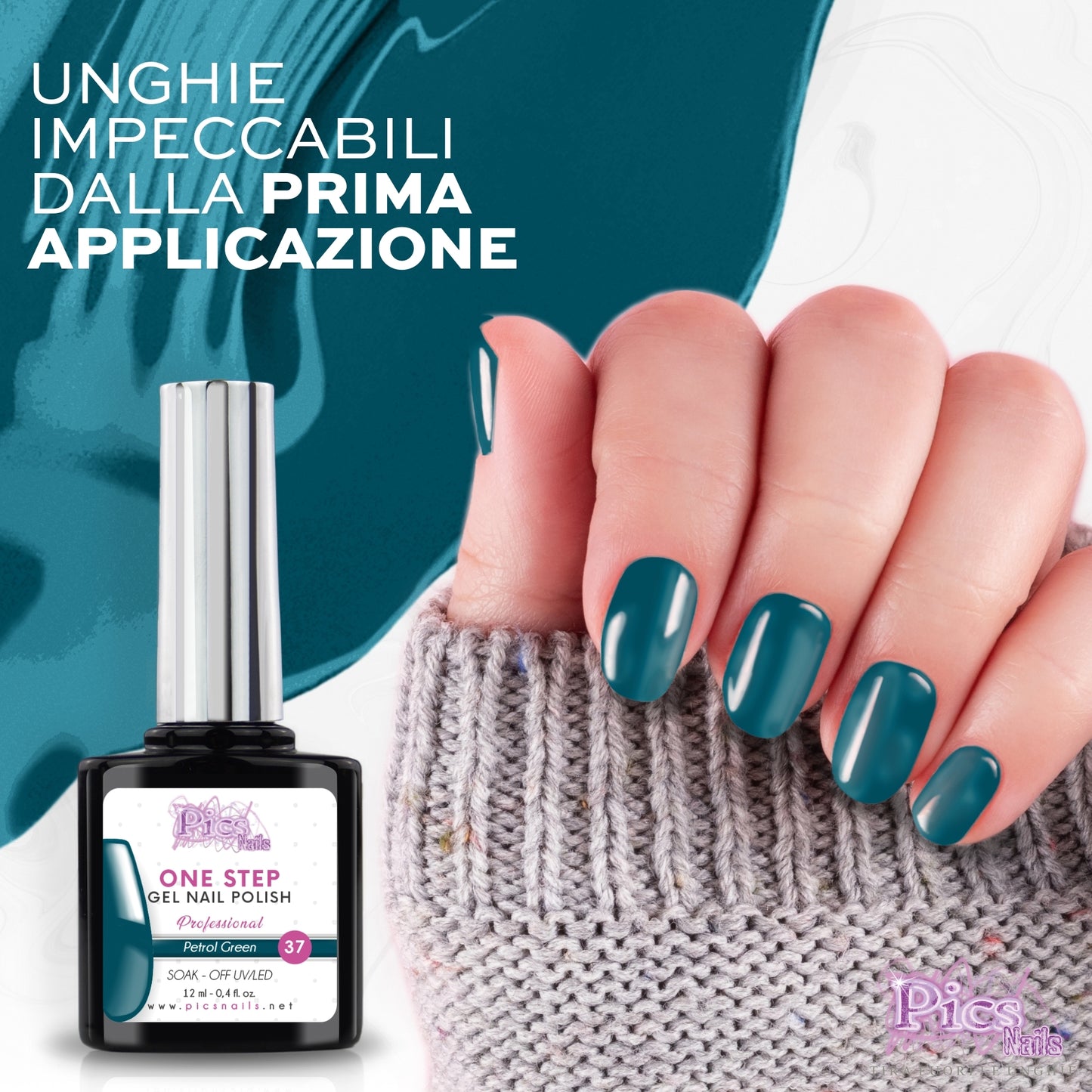 Smalto Semipermanente One Petrol Green 37 - 12 ml | Semipermanente 3in1 UV/LED Ultra Lucido
