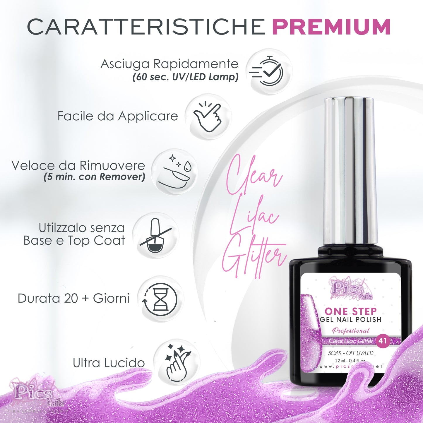 Smalto Semipermanente One Clear Lilac Glitter 41 - 12 ml | Semipermanente 3in1 UV/LED Ultra Lucido
