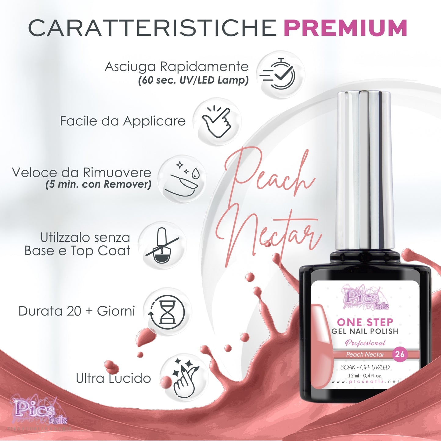 Smalto Semipermanente One Step Peach Nectar 26 - 12 ml | Semipermanente 3in1 UV/LED Ultra Lucido