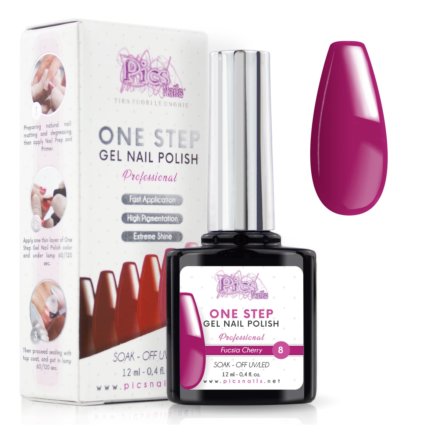 Smalto Semipermanente One Step Fucsia Cherry 8 - 12 ml | Semipermanente 3in1 UV/LED Ultra Lucido