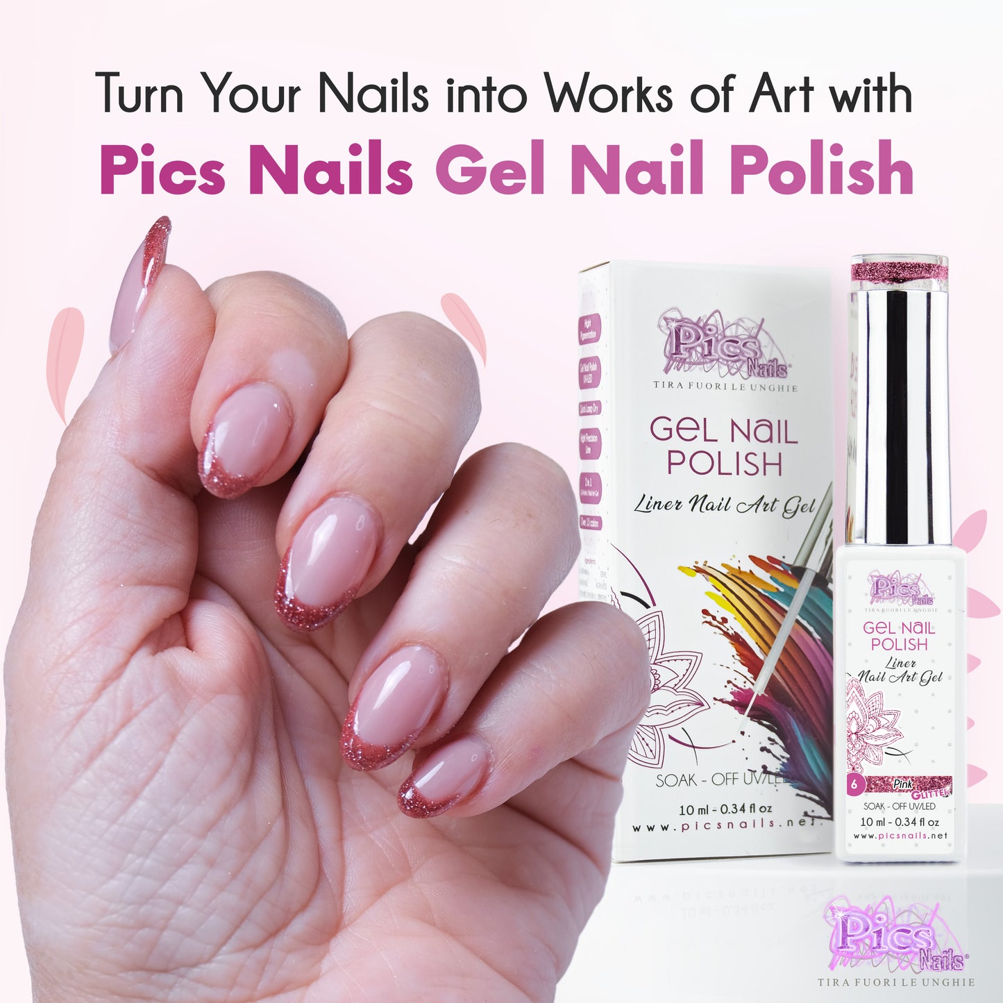 Smalto Nail Art Semipermanente Liner Gel per Unghie UV/LED 10 ml - Rosa Glitter 6