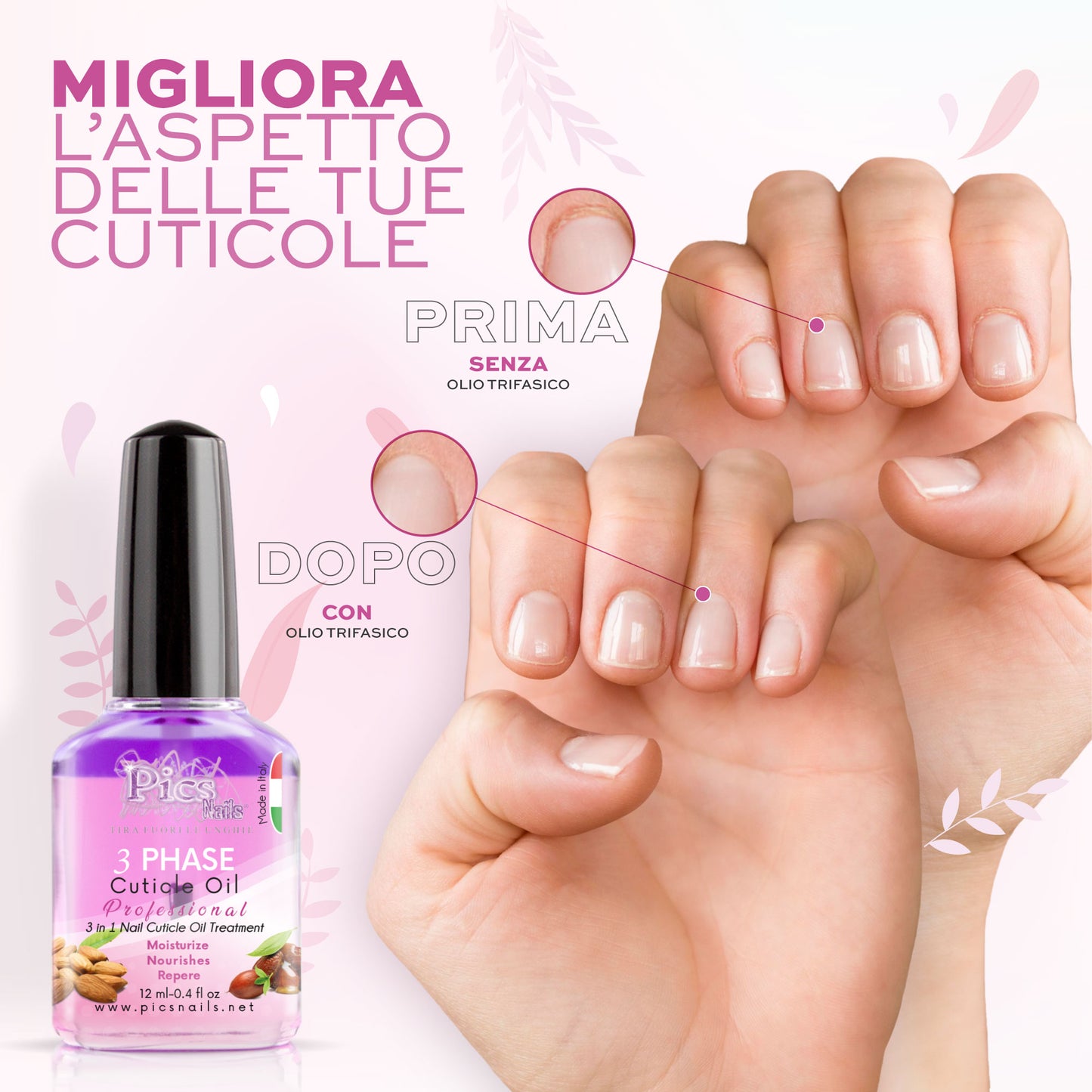 Olio Cuticole Unghie Trifasico 12ml - Profumo Piacevole - Rigenera, Nutre e Idrata le Cuticole Secche e Irritate