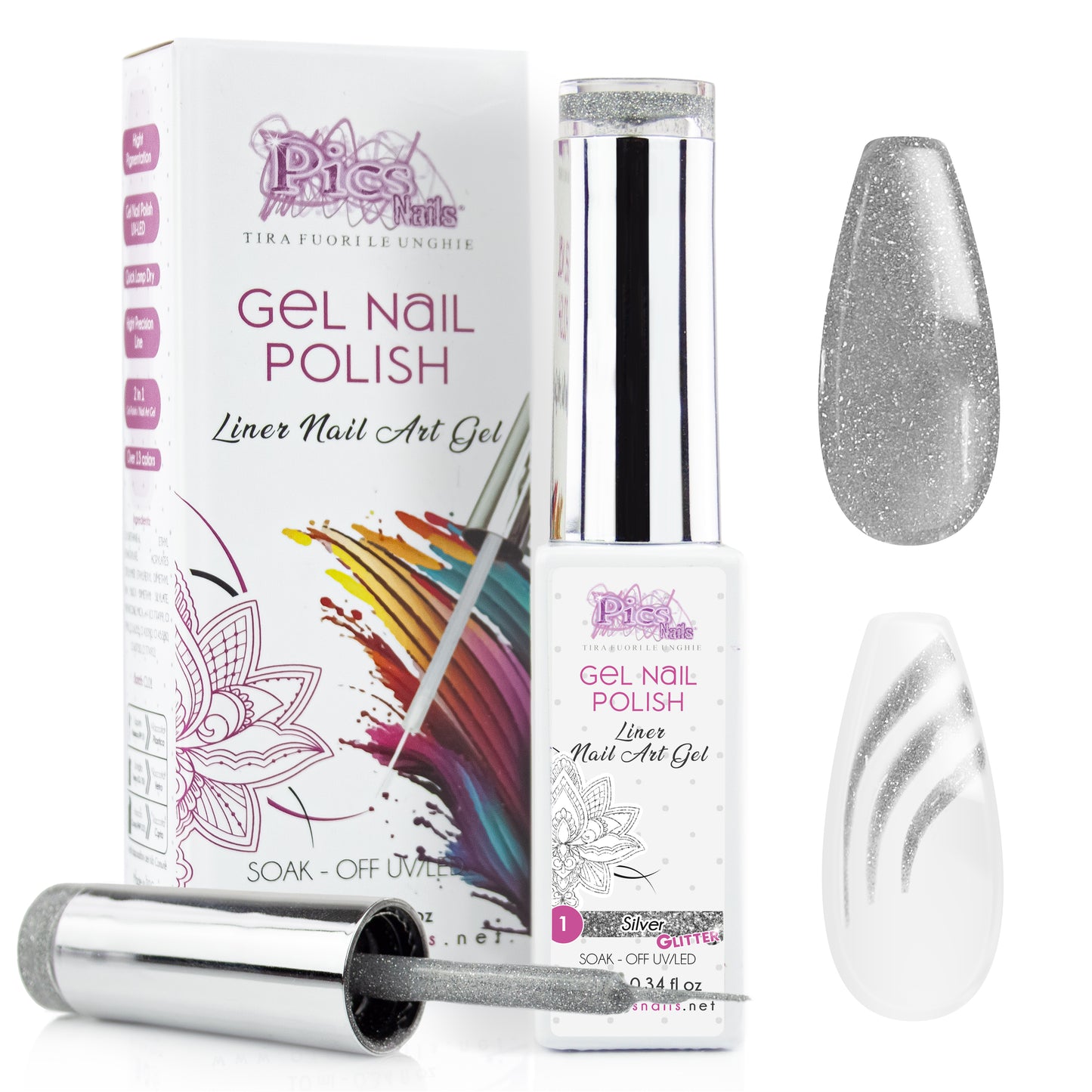 Smalto Semipermanente Liner Nail Art Gel per Unghie UV/LED 10 ml - Argento Glitter 1