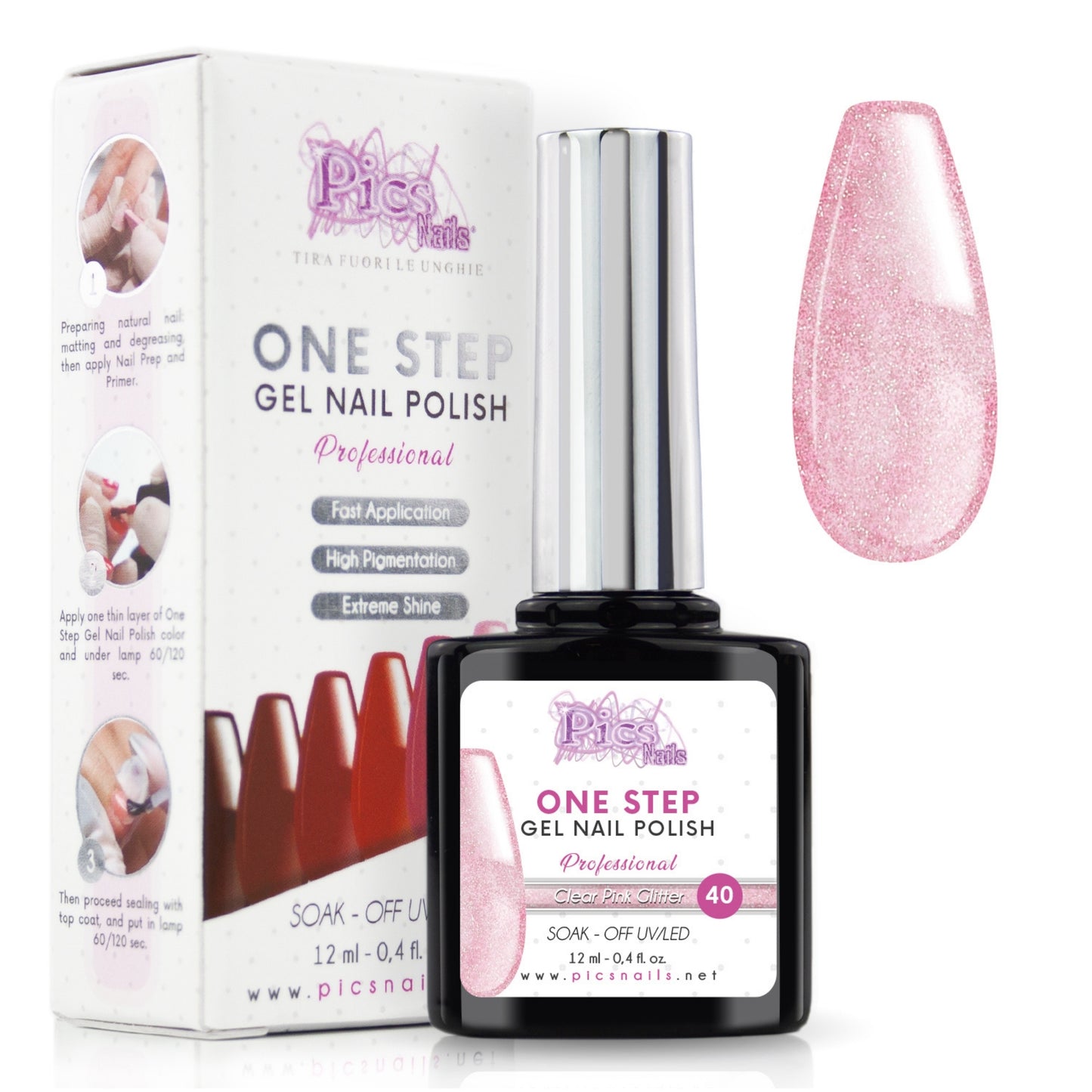 Smalto Semipermanente One Clear Pink Glitter 40 - 12 ml | Semipermanente 3in1 UV/LED Ultra Lucido
