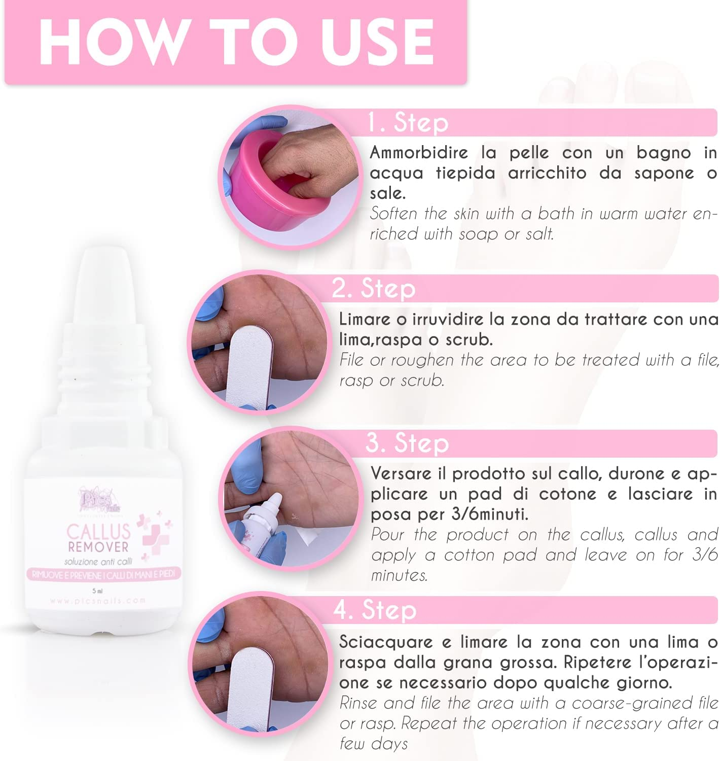 Rimuovi Calli Liquido Strong Professionale 5 Ml - Liquido Callifugo per Piedi E Mani, Rimuove I Calli in Modo Professionale Seguendo Semplici Passaggi