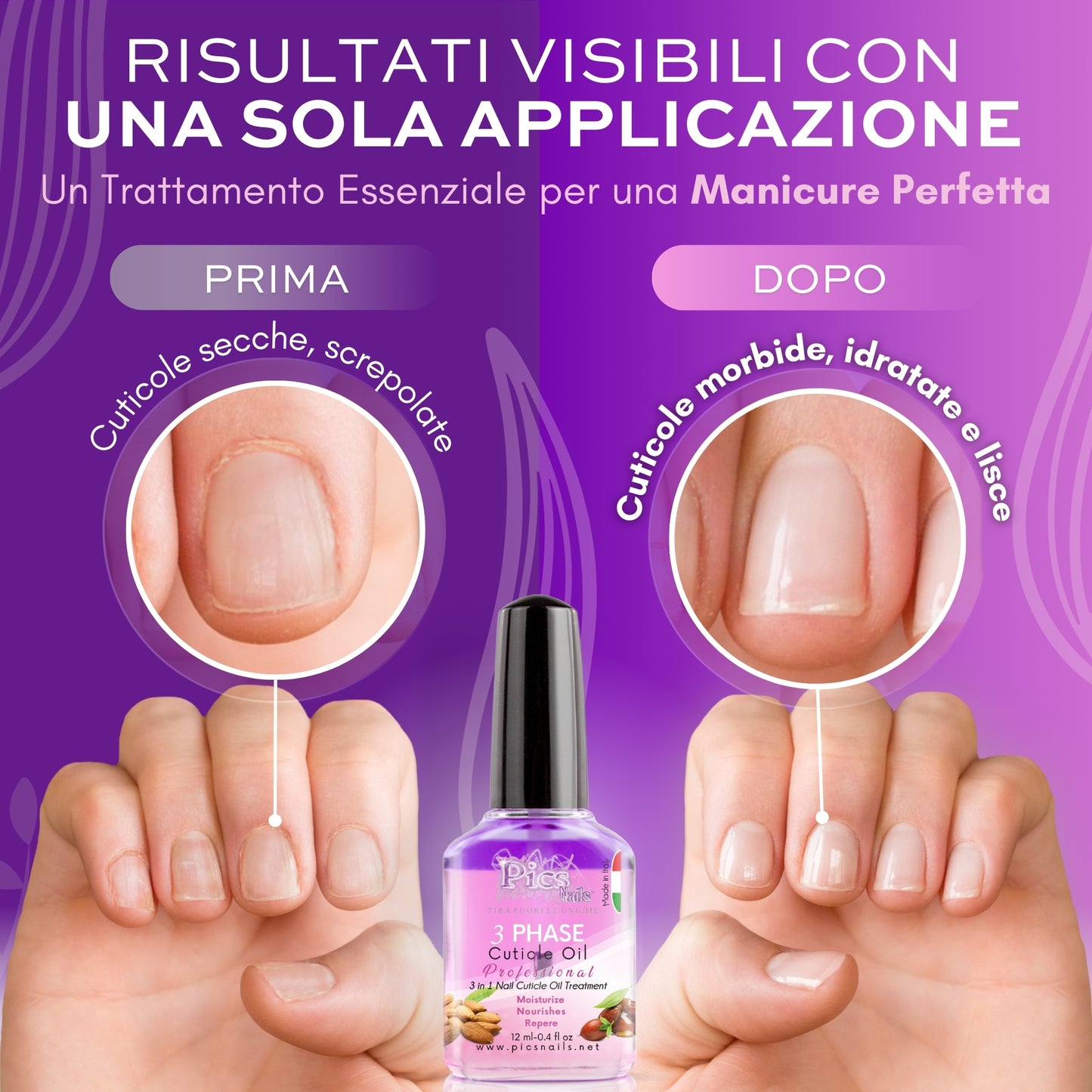 Olio Cuticole Unghie Trifasico 12ml - Profumo Piacevole - Rigenera, Nutre e Idrata le Cuticole Secche e Irritate