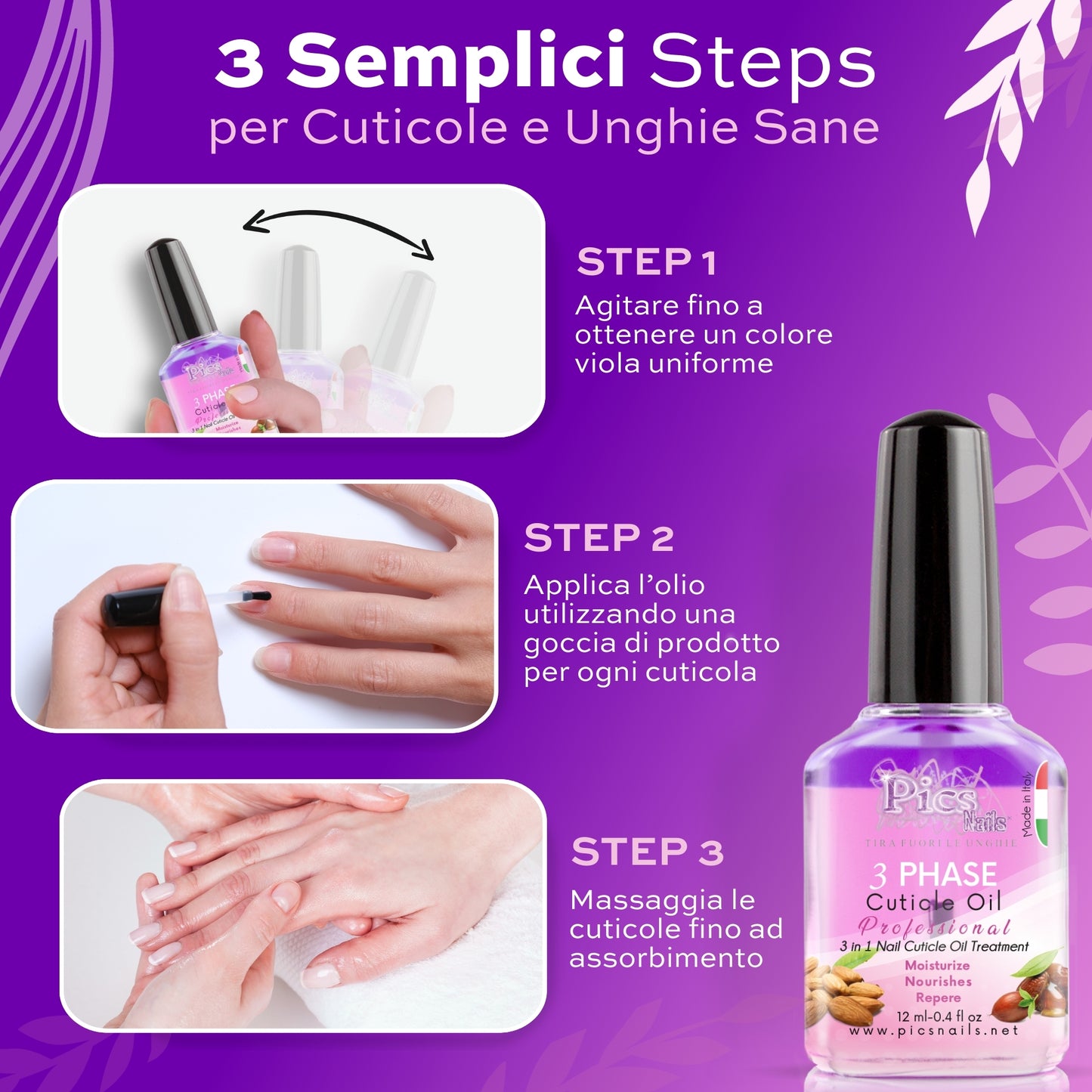 Olio Cuticole Unghie Trifasico 12ml - Profumo Piacevole - Rigenera, Nutre e Idrata le Cuticole Secche e Irritate