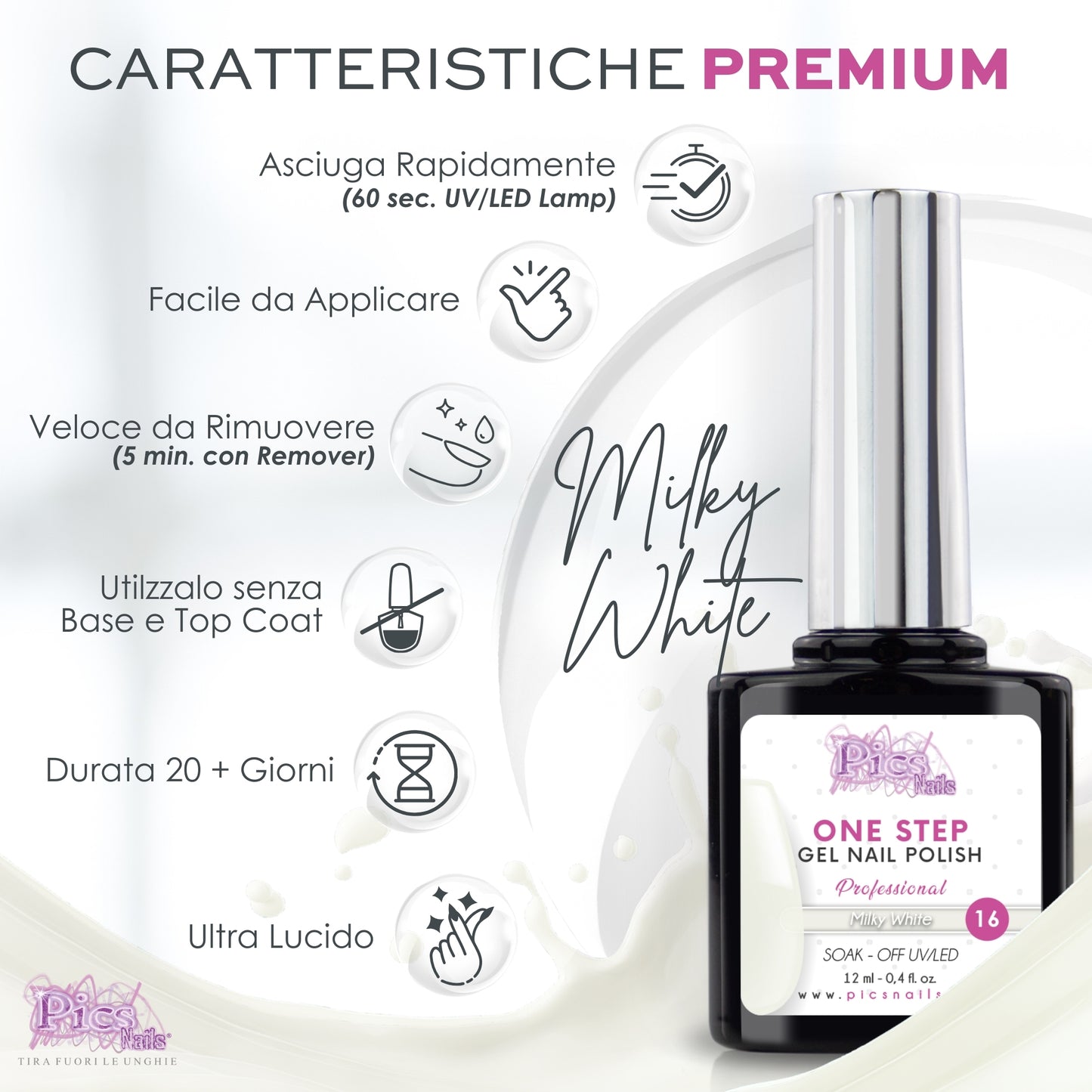 Smalto Semipermanente One Step Milky Soft White 16 - 12 ml | Semipermanente 3in1 UV/LED Ultra Lucido