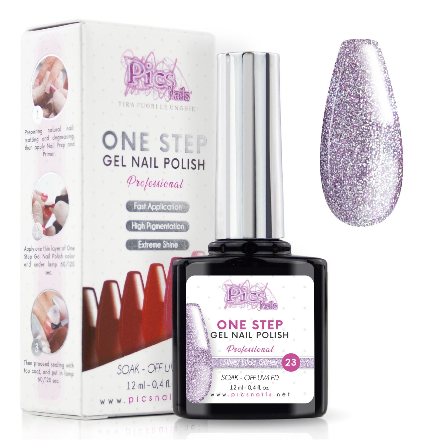 Smalto Semipermanente One Lilla Silver Glitter 23 - 12 ml | Semipermanente 3in1 UV/LED Ultra Lucido