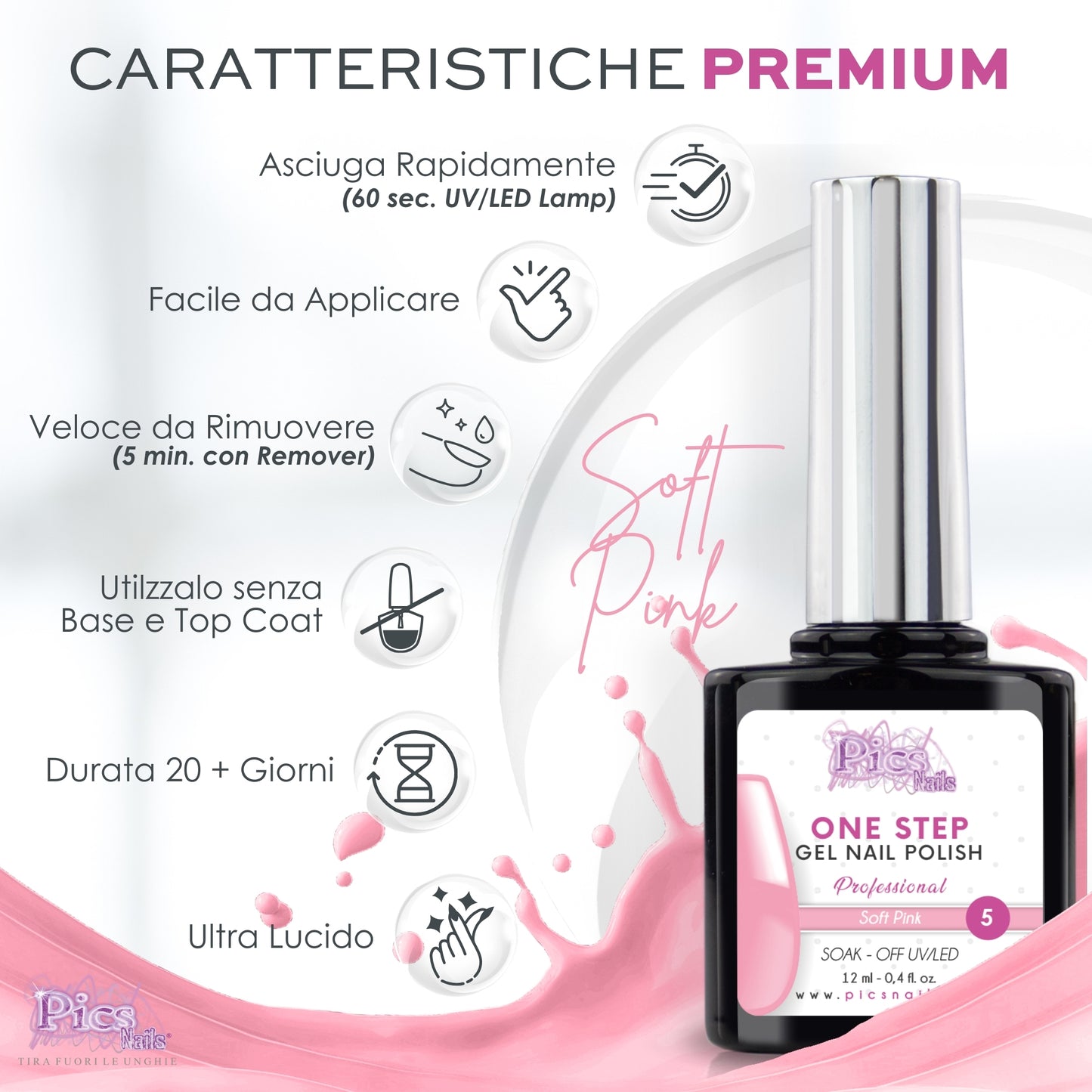 Smalto Semipermanente One Step Pink Nude 4 - 12 ml | Semipermanente 3in1 UV/LED Ultra Lucido