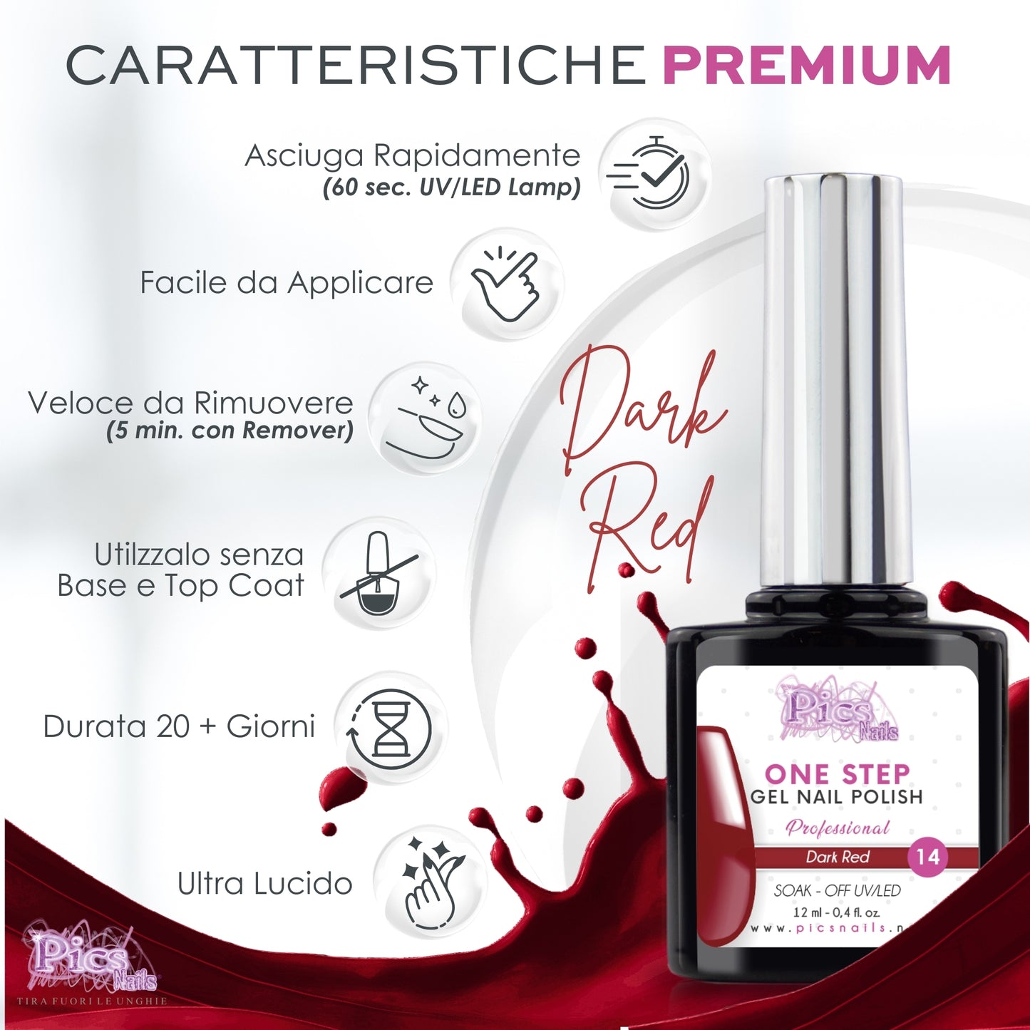 Smalto Semipermanente One Step Dark Red Clear 14 - 12 ml | Semipermanente 3in1 UV/LED Ultra Lucido