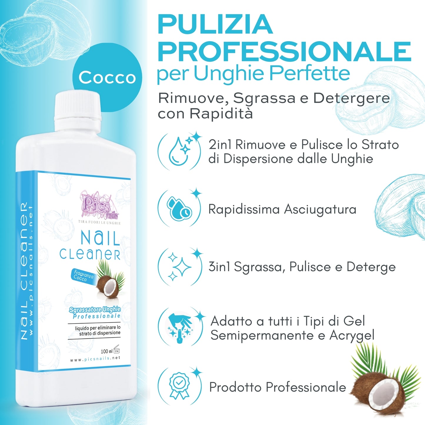 Nail Cleaner Sgrassatore Unghie Professionale 100 ml - Cocco