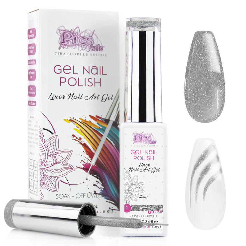 Smalto Nail Art Semipermanente Liner Gel per Unghie UV/LED 10 ml -  Argento Glitter 1